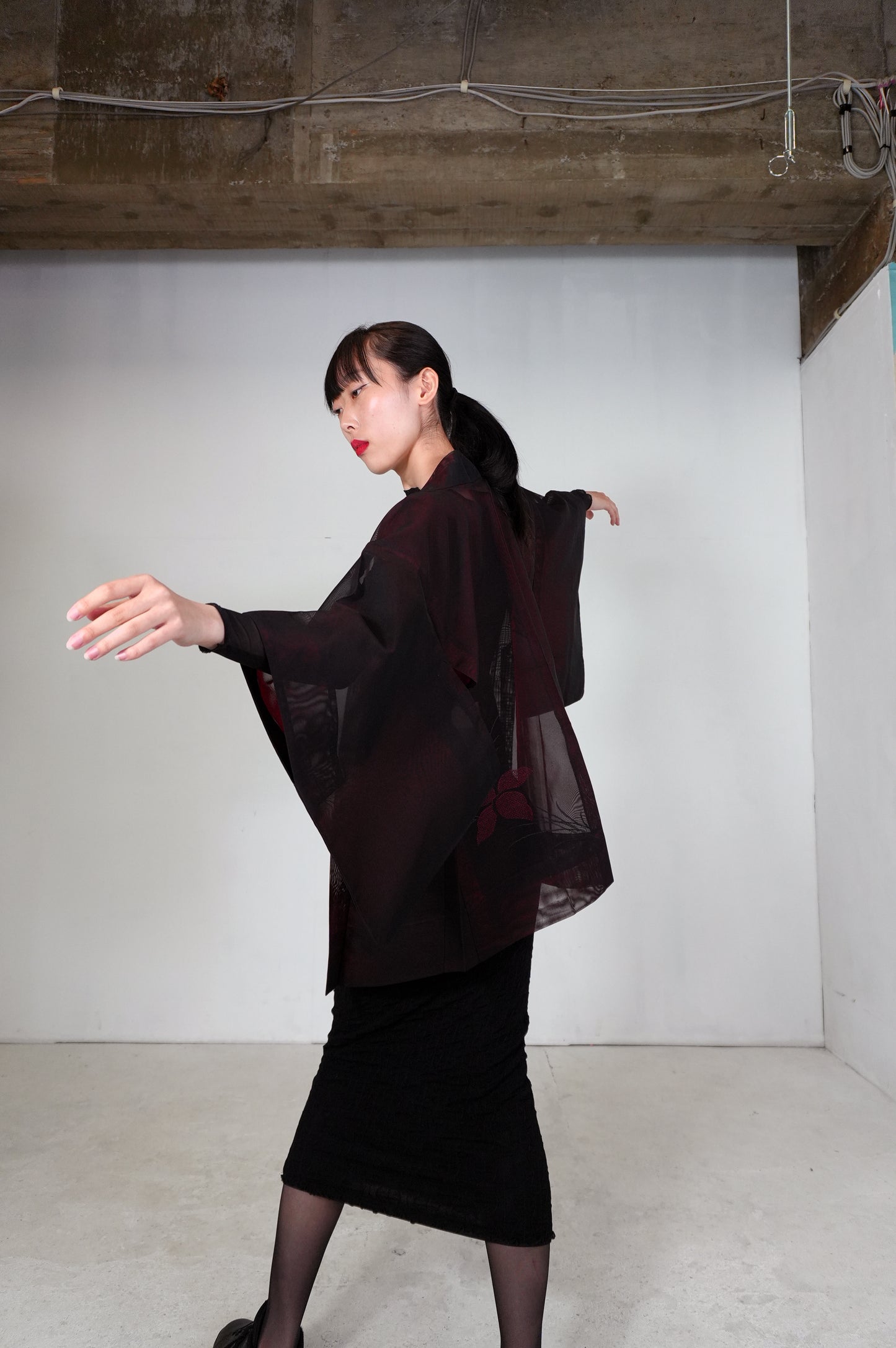 VINTAGE BLACK HAORI SHEER “sha, red, flower, SHH033"
