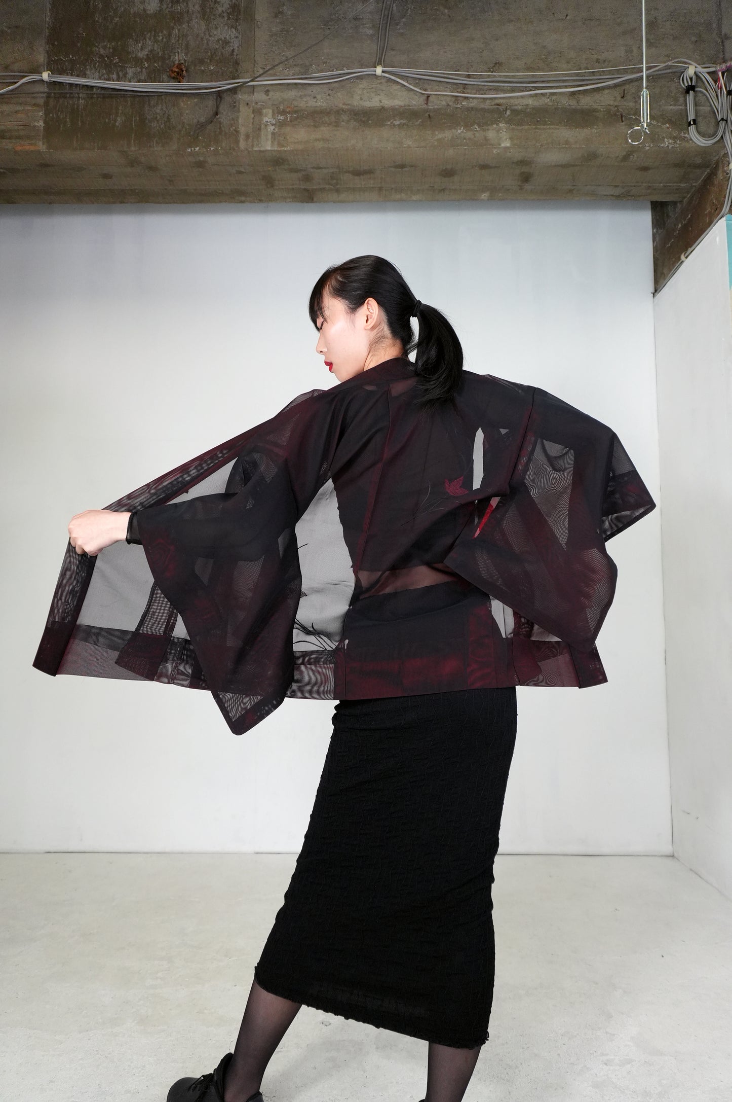 VINTAGE BLACK HAORI SHEER “sha, red, flower, SHH033"
