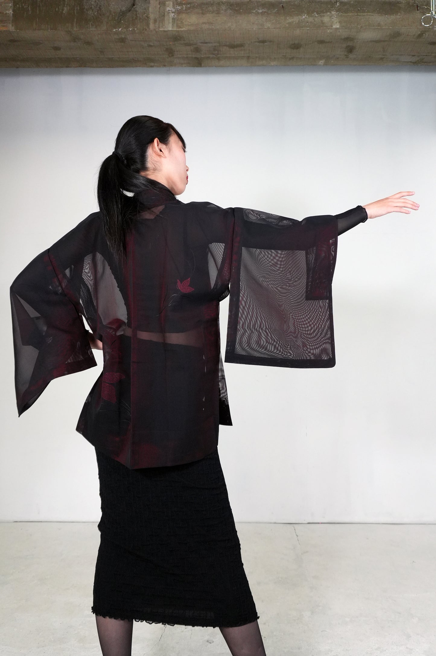 VINTAGE BLACK HAORI SHEER “sha, red, flower, SHH033"