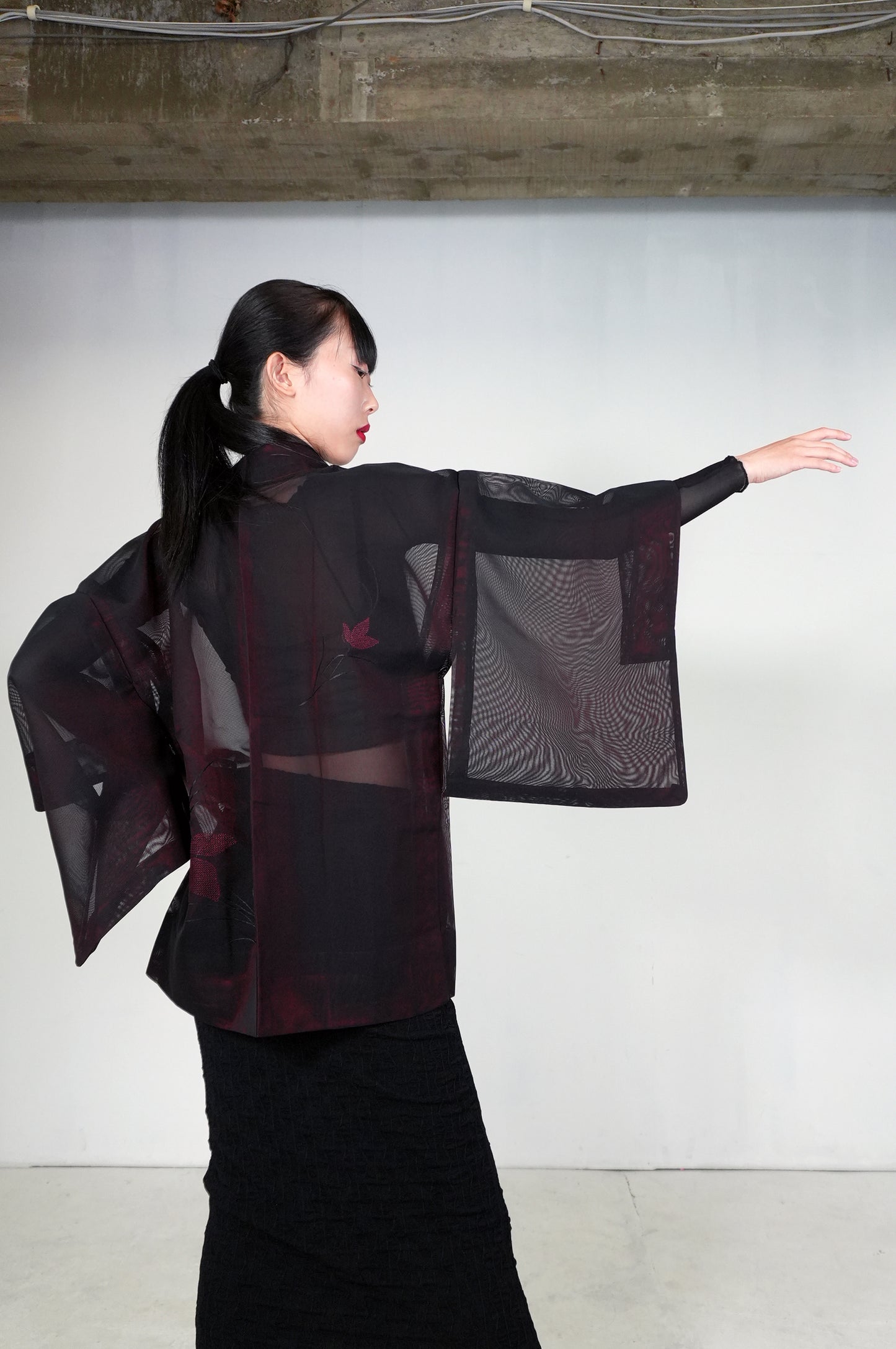 VINTAGE BLACK HAORI SHEER “sha, red, flower, SHH033"
