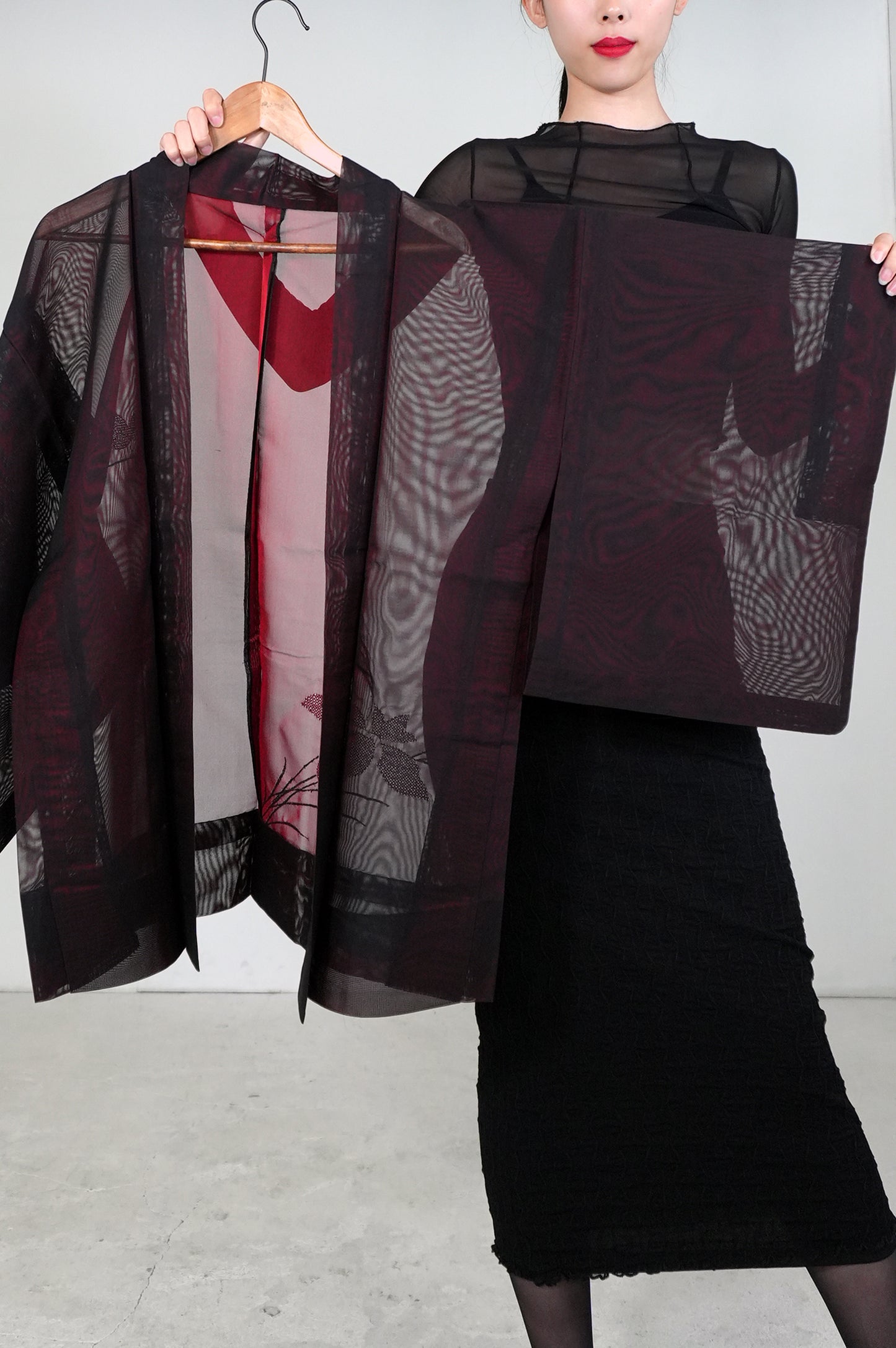 VINTAGE BLACK HAORI SHEER “sha, red, flower, SHH033"