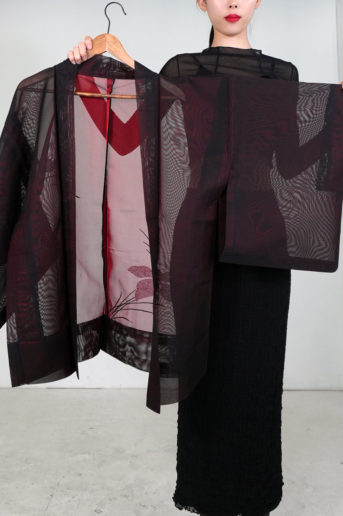 VINTAGE BLACK HAORI SHEER “sha, red, flower, SHH033"