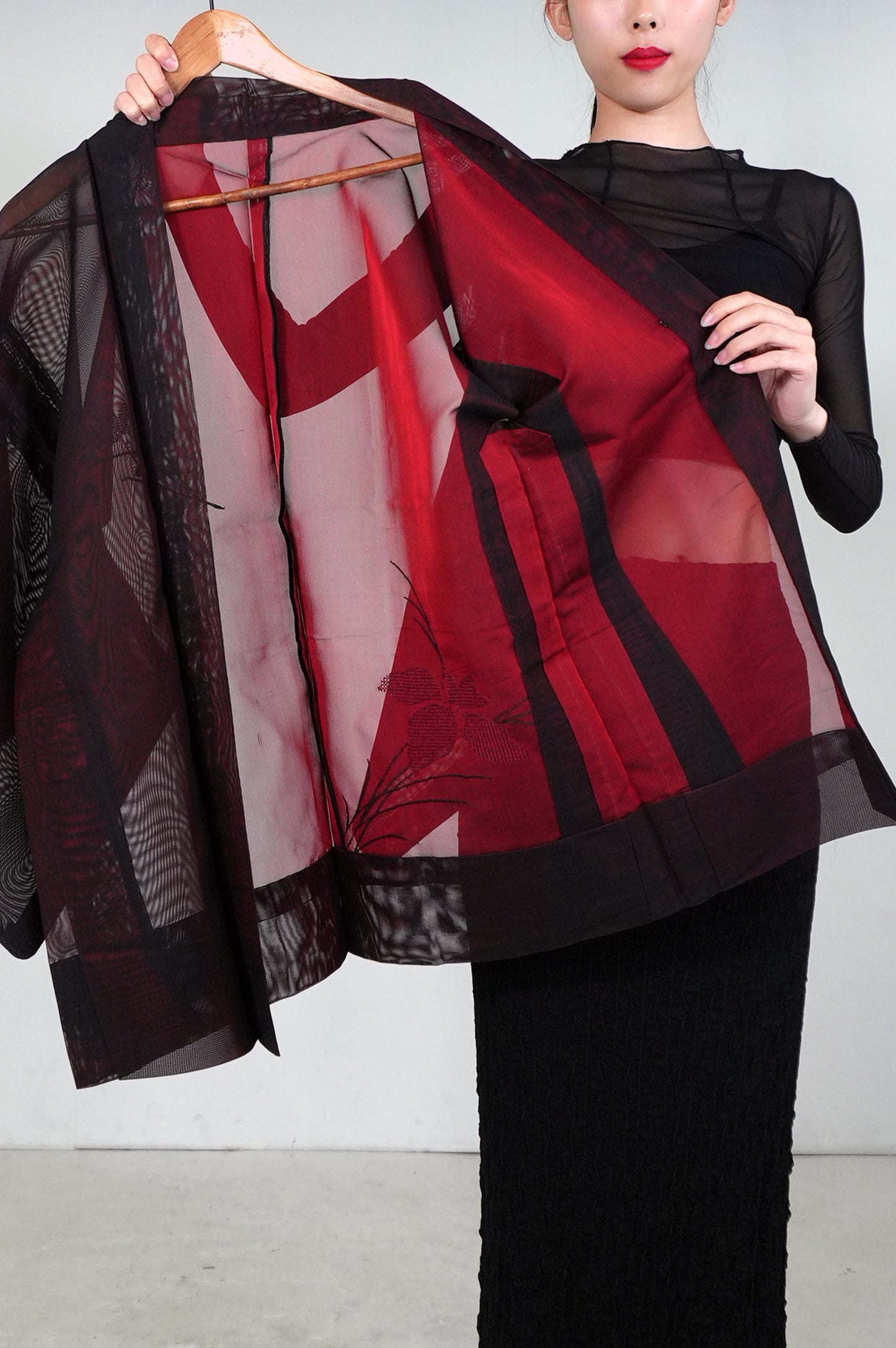 VINTAGE BLACK HAORI SHEER “sha, red, flower, SHH033"