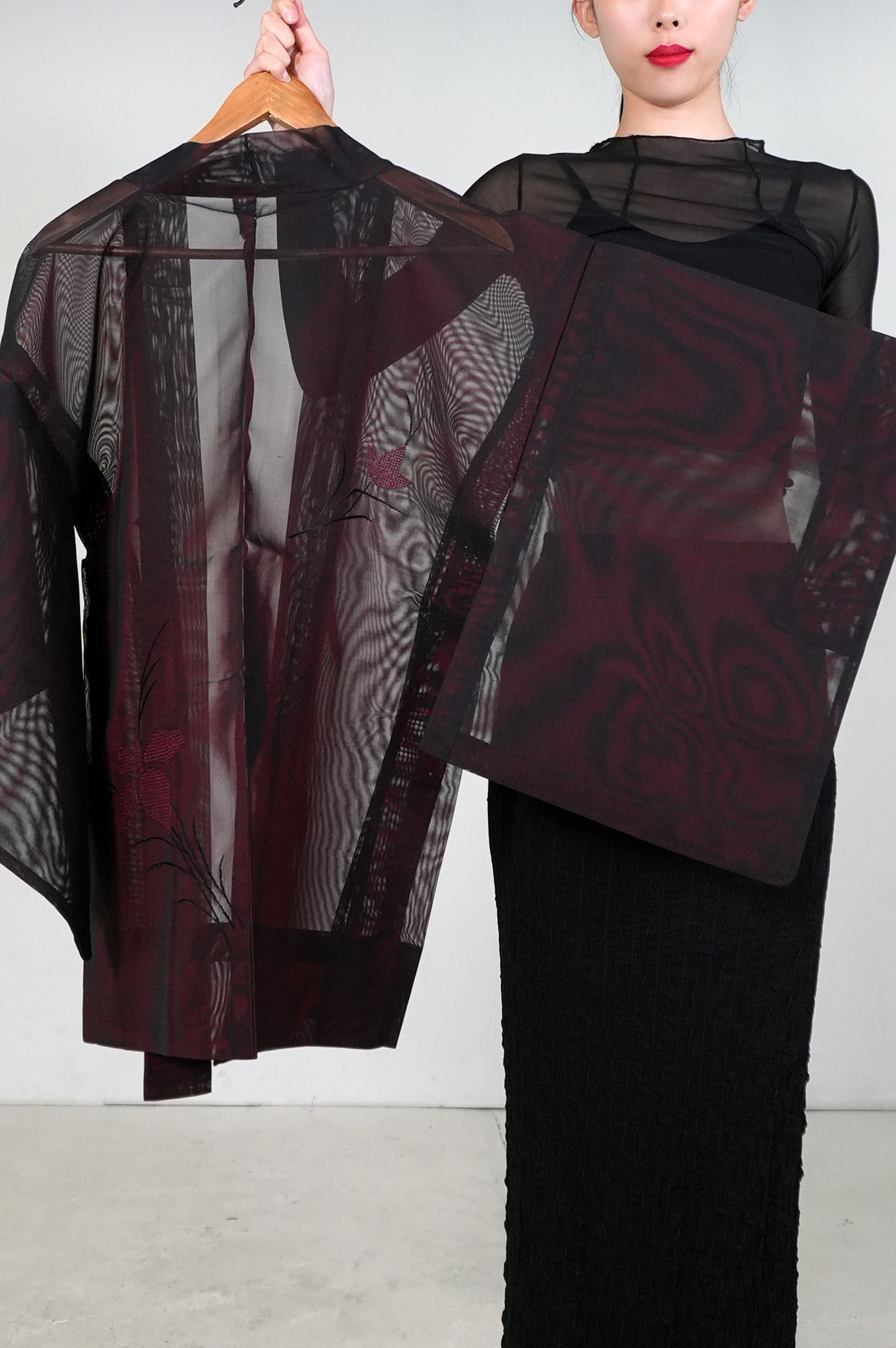 VINTAGE BLACK HAORI SHEER “sha, red, flower, SHH033"