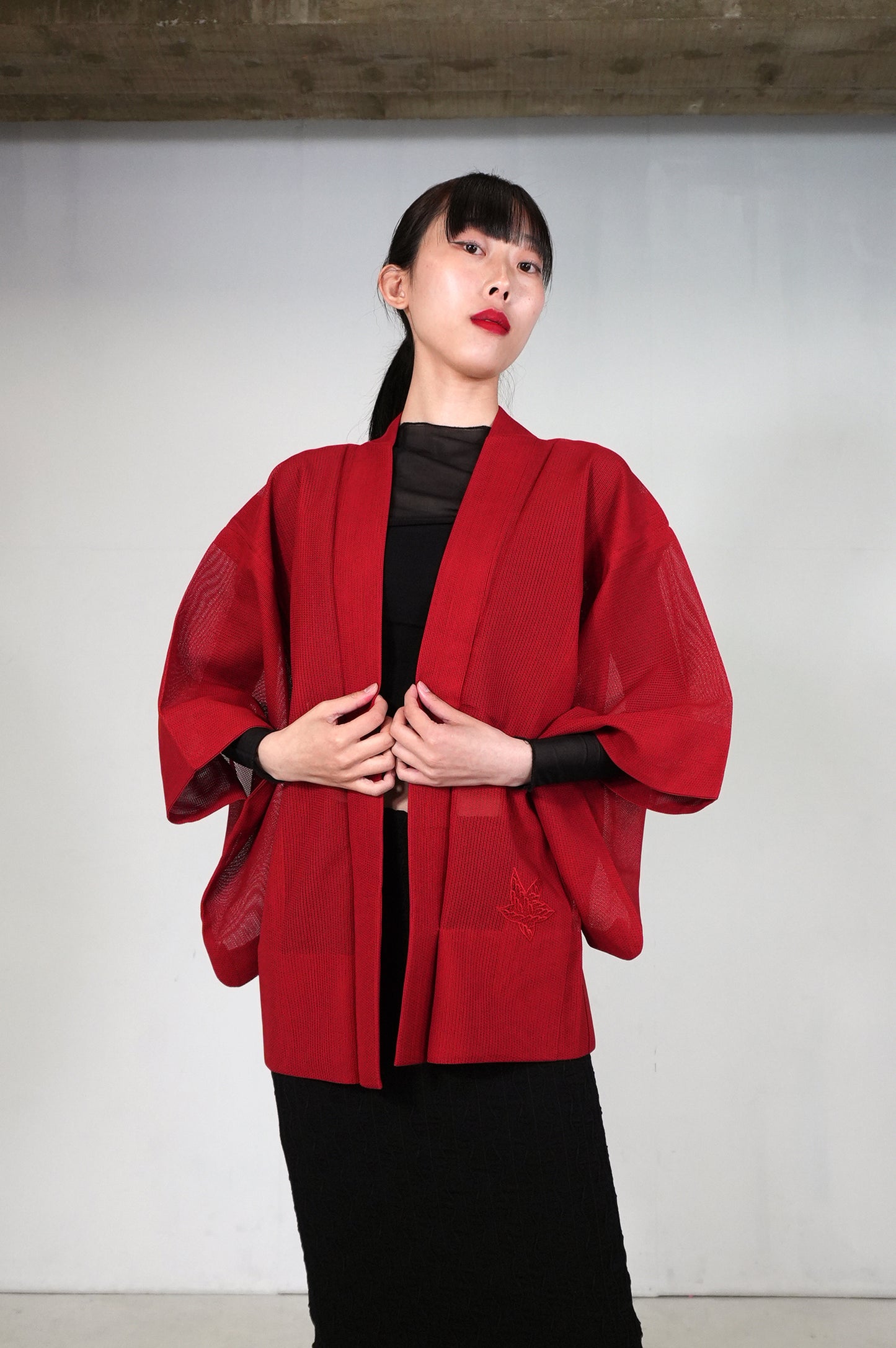 VINTAGE KAWAII HAORI SHEER "ara-sha, embroidery-momiji, red, SHH034"