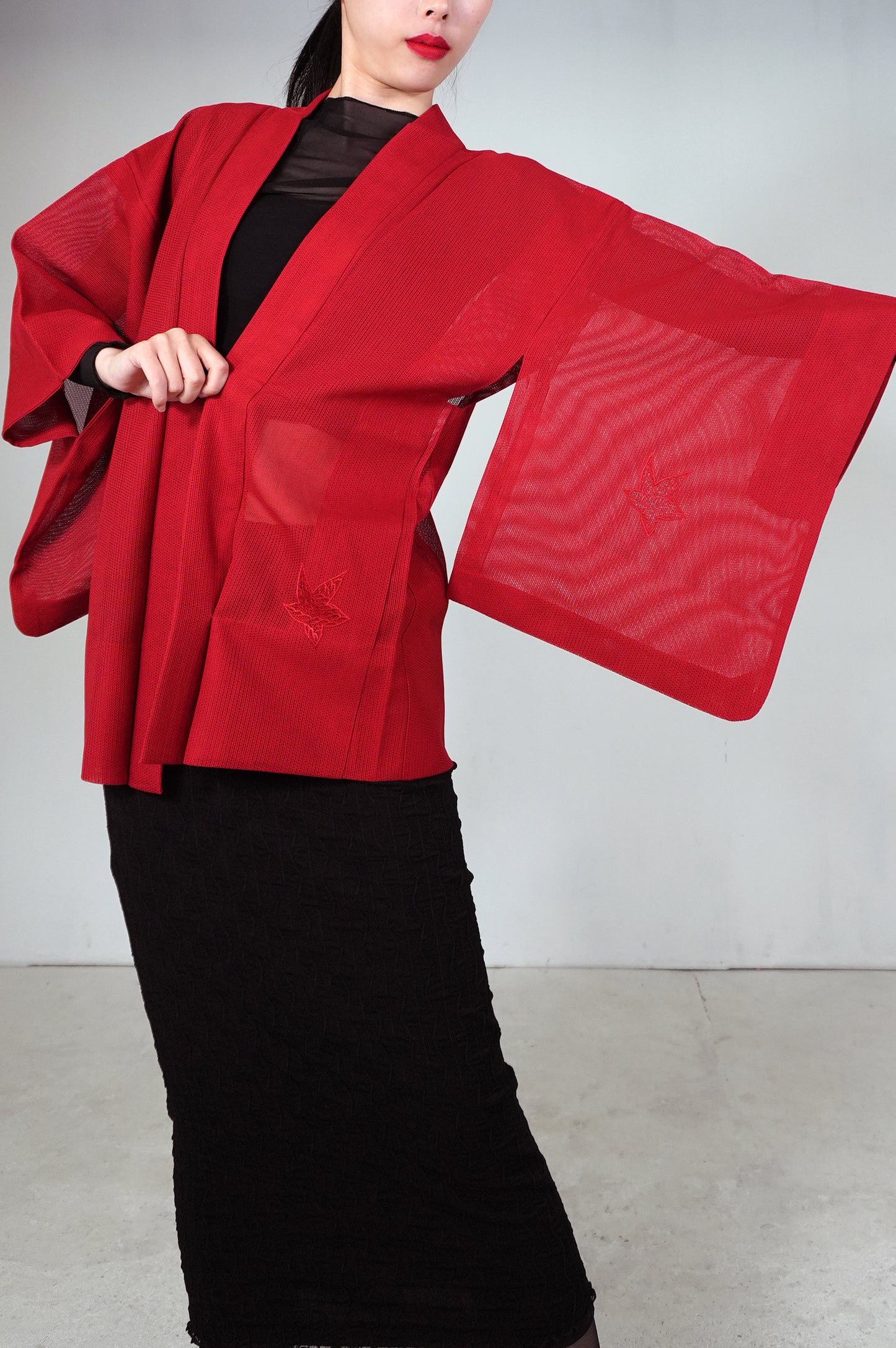 VINTAGE KAWAII HAORI SHEER "ara-sha, embroidery-momiji, red, SHH034"