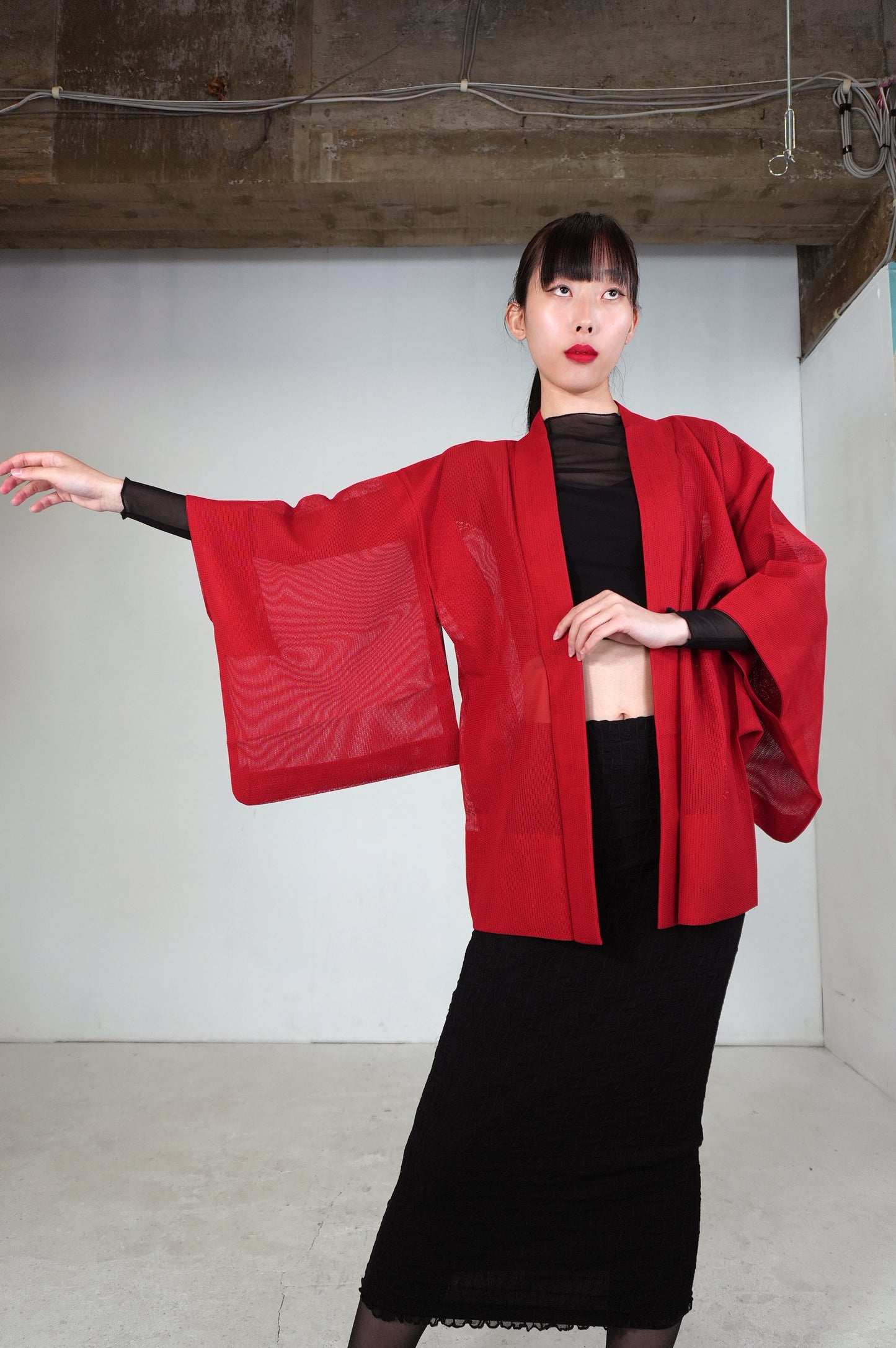 VINTAGE KAWAII HAORI SHEER "ara-sha, embroidery-momiji, red, SHH034"