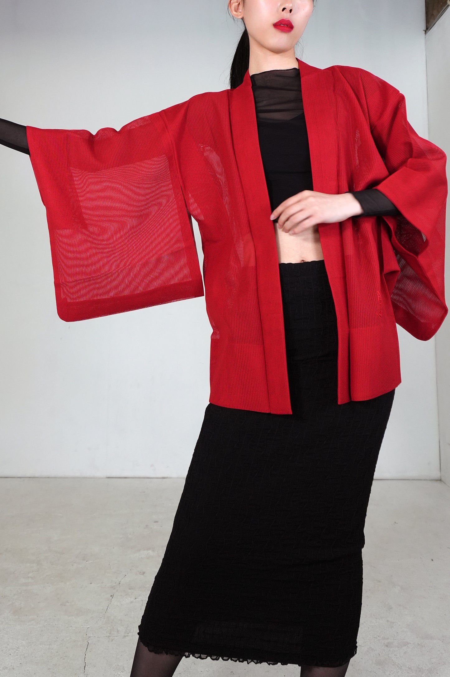 VINTAGE KAWAII HAORI SHEER "ara-sha, embroidery-momiji, red, SHH034"