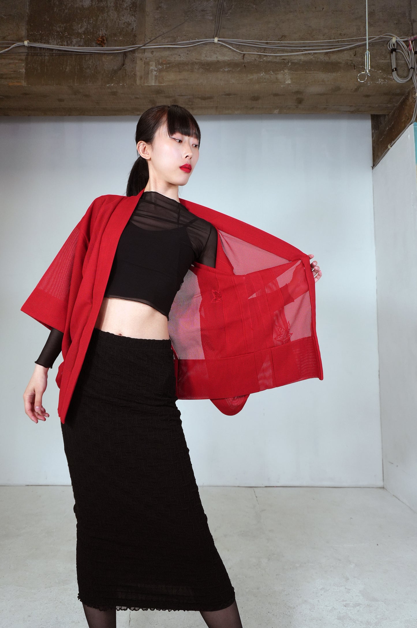 VINTAGE KAWAII HAORI SHEER "ara-sha, embroidery-momiji, red, SHH034"