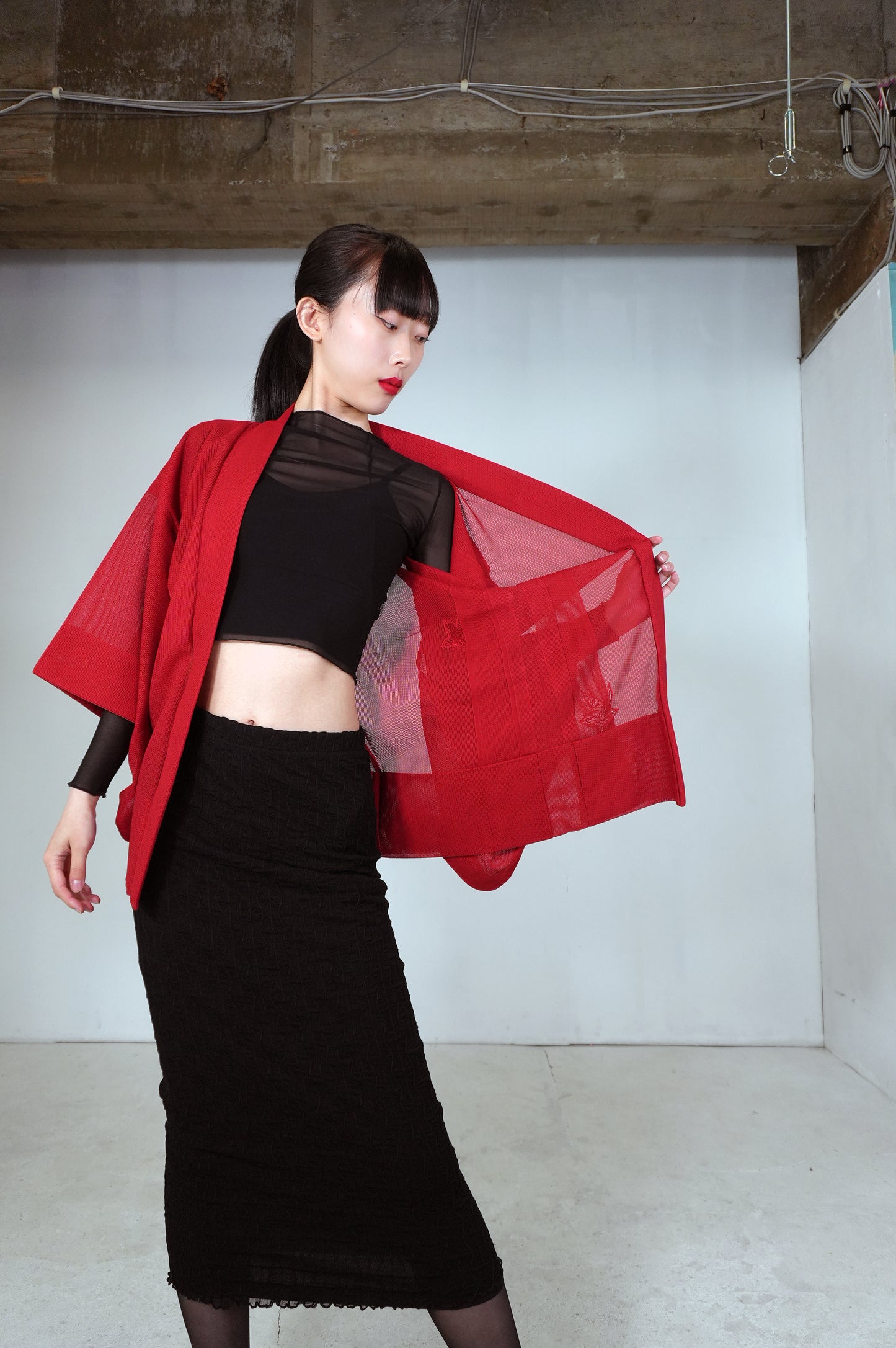 VINTAGE KAWAII HAORI SHEER "ara-sha, embroidery-momiji, red, SHH034"