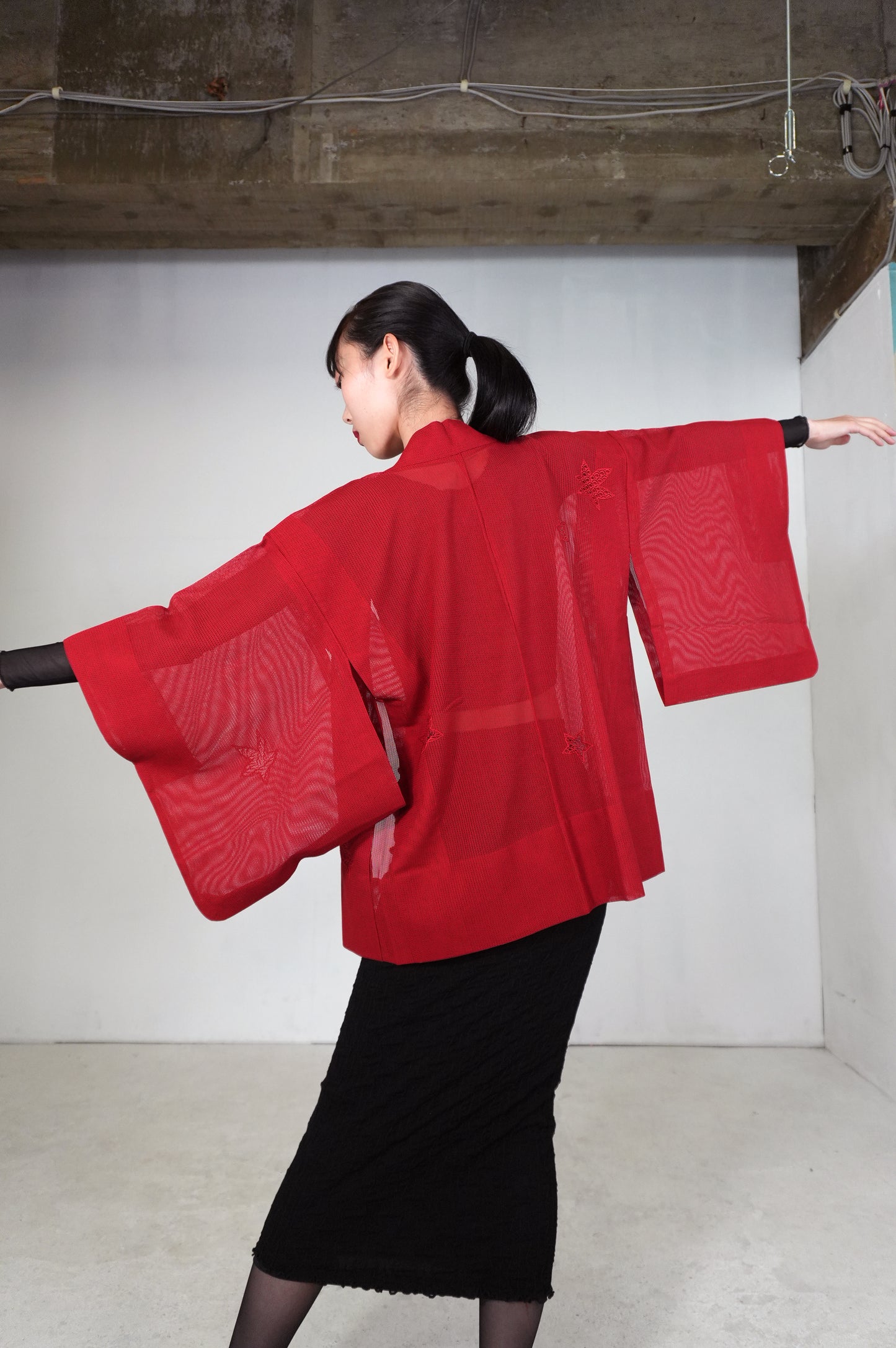VINTAGE KAWAII HAORI SHEER "ara-sha, embroidery-momiji, red, SHH034"