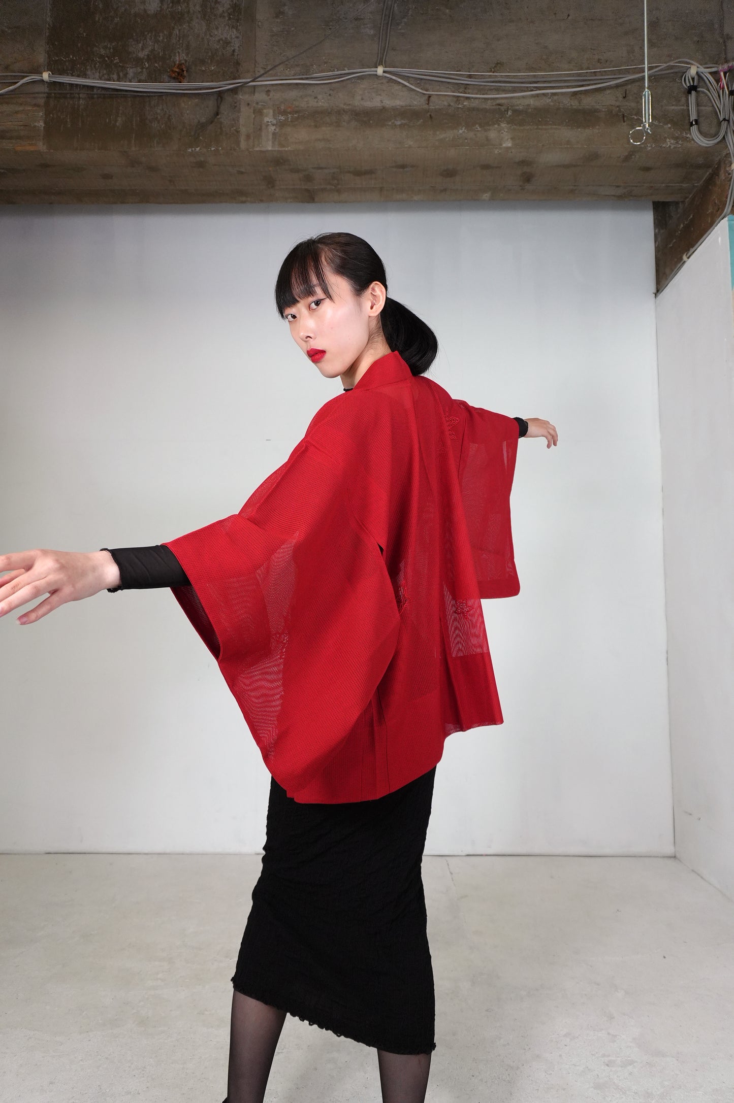 VINTAGE KAWAII HAORI SHEER "ara-sha, embroidery-momiji, red, SHH034"
