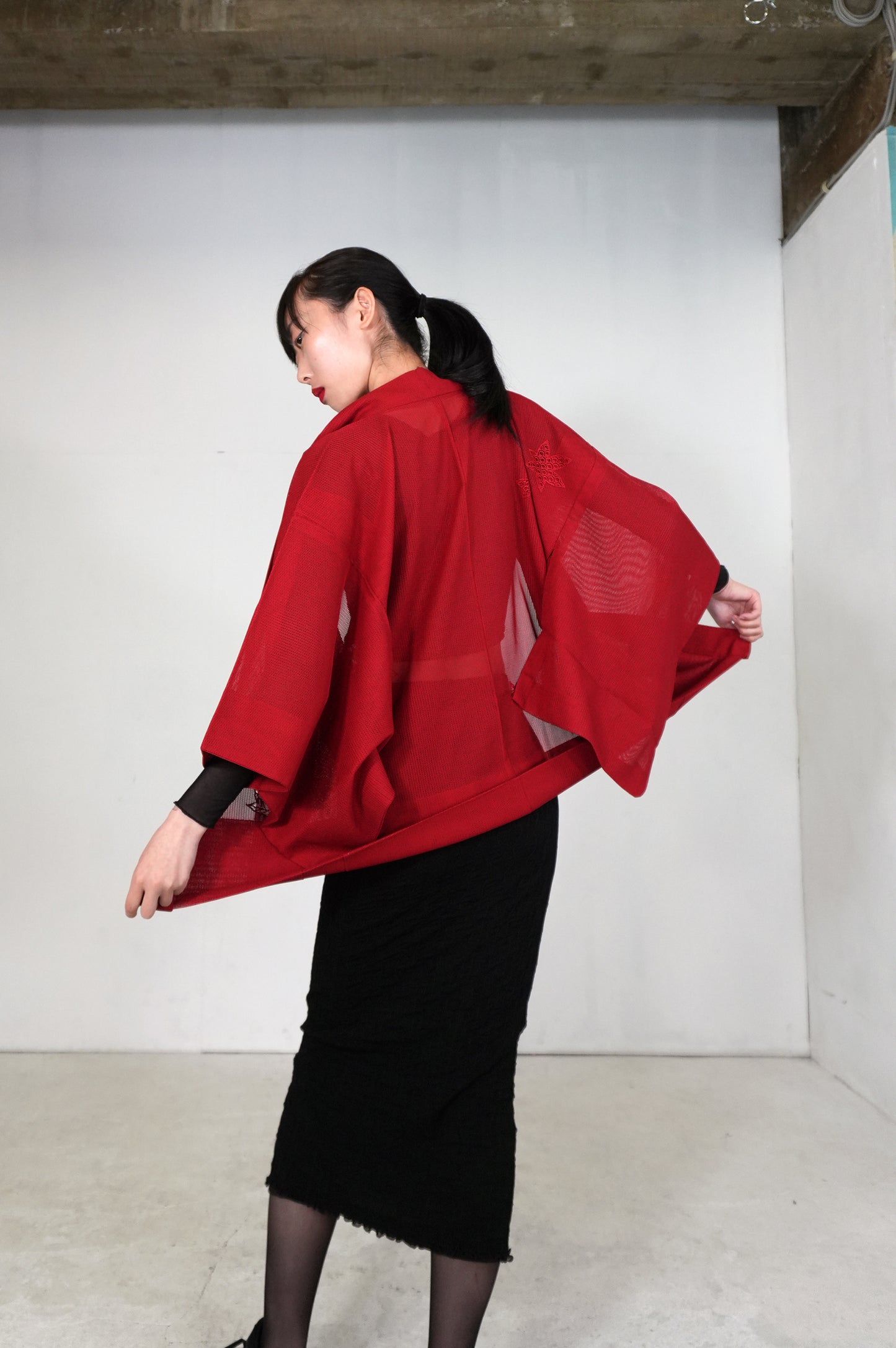VINTAGE KAWAII HAORI SHEER "ara-sha, embroidery-momiji, red, SHH034"