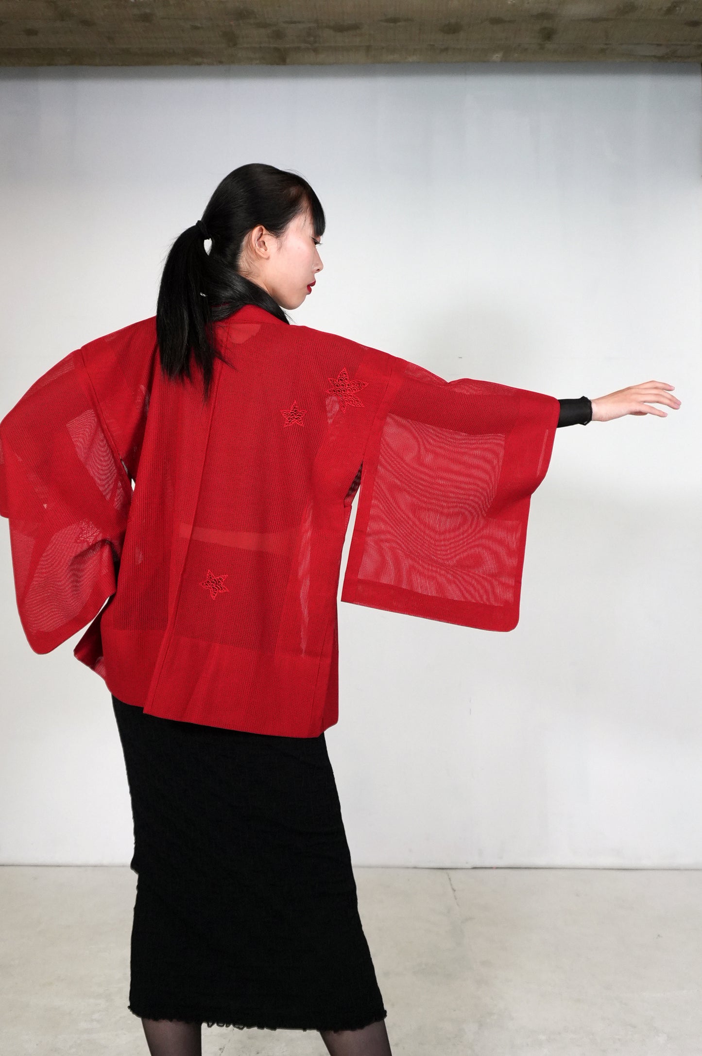 VINTAGE KAWAII HAORI SHEER "ara-sha, embroidery-momiji, red, SHH034"