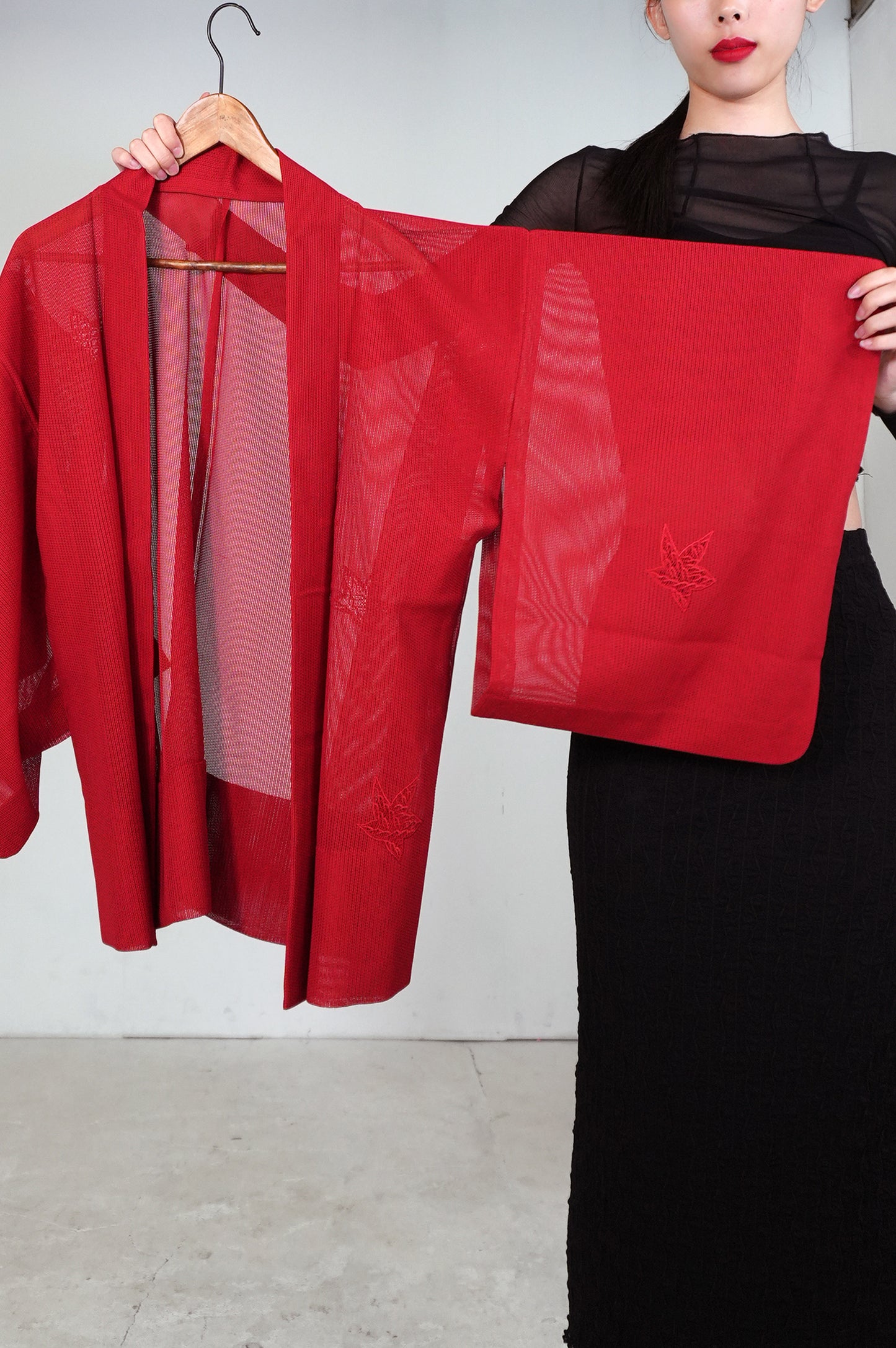 VINTAGE KAWAII HAORI SHEER "ara-sha, embroidery-momiji, red, SHH034"