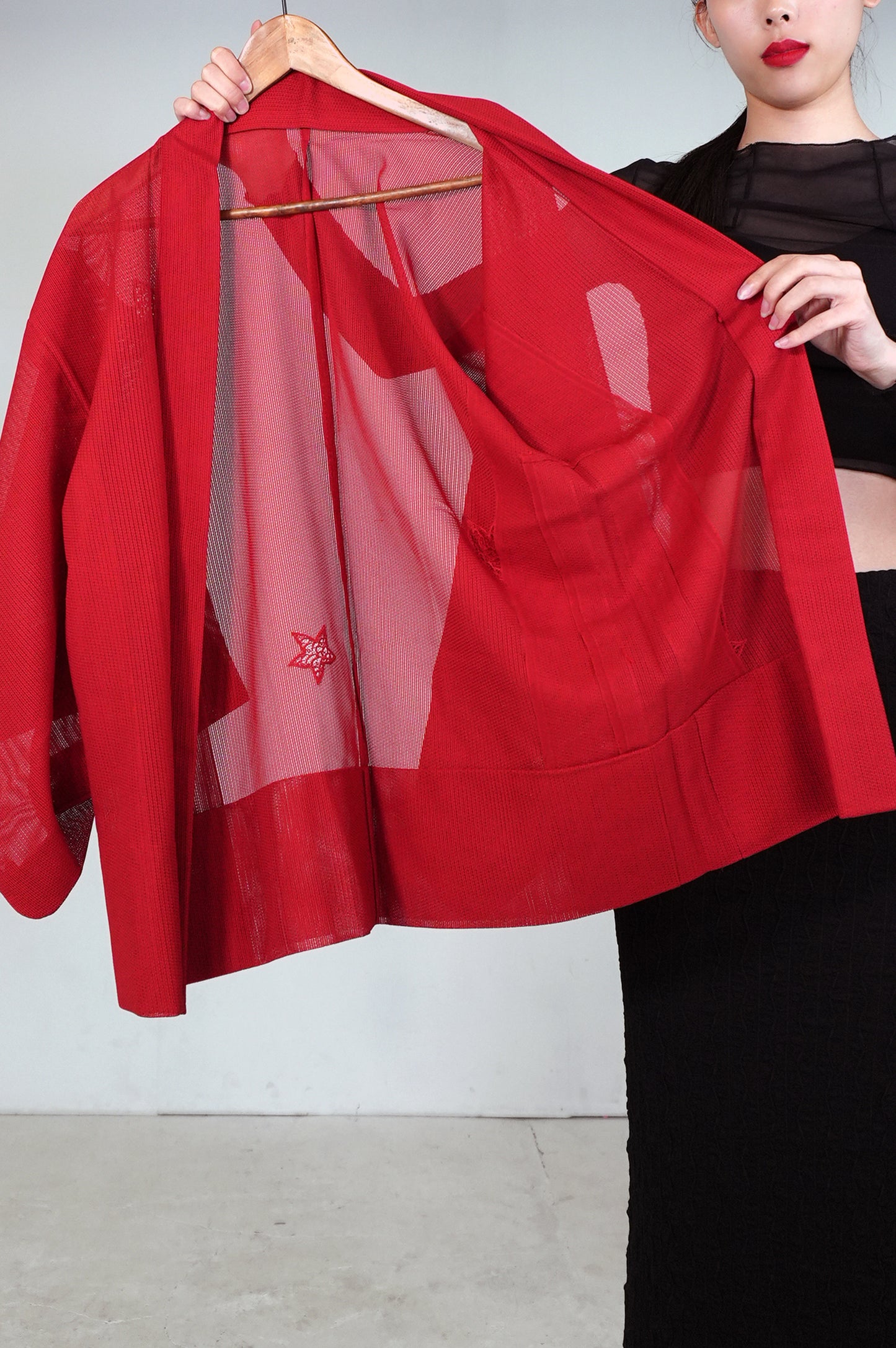 VINTAGE KAWAII HAORI SHEER "ara-sha, embroidery-momiji, red, SHH034"