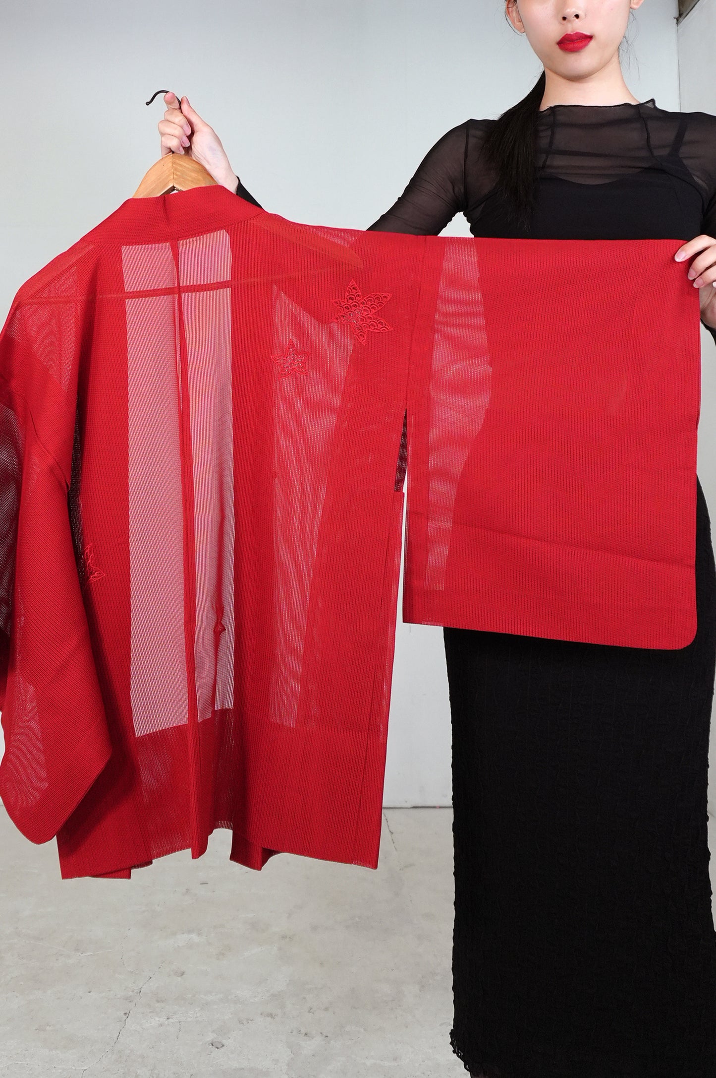 VINTAGE KAWAII HAORI SHEER "ara-sha, embroidery-momiji, red, SHH034"
