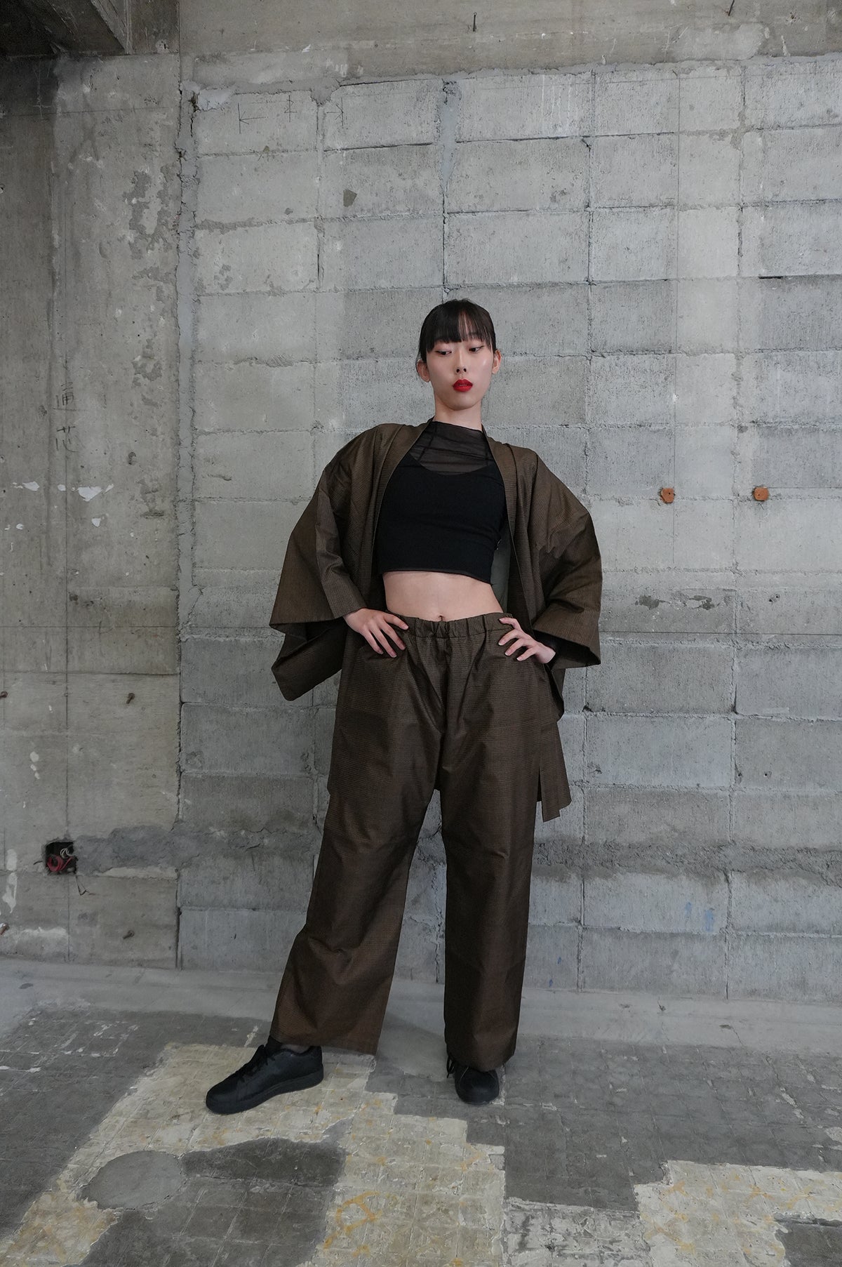 Oshima Tsumugi HAORI  and KIMONO elastic waist pants upcycled from Japanese kimono" ASB006"