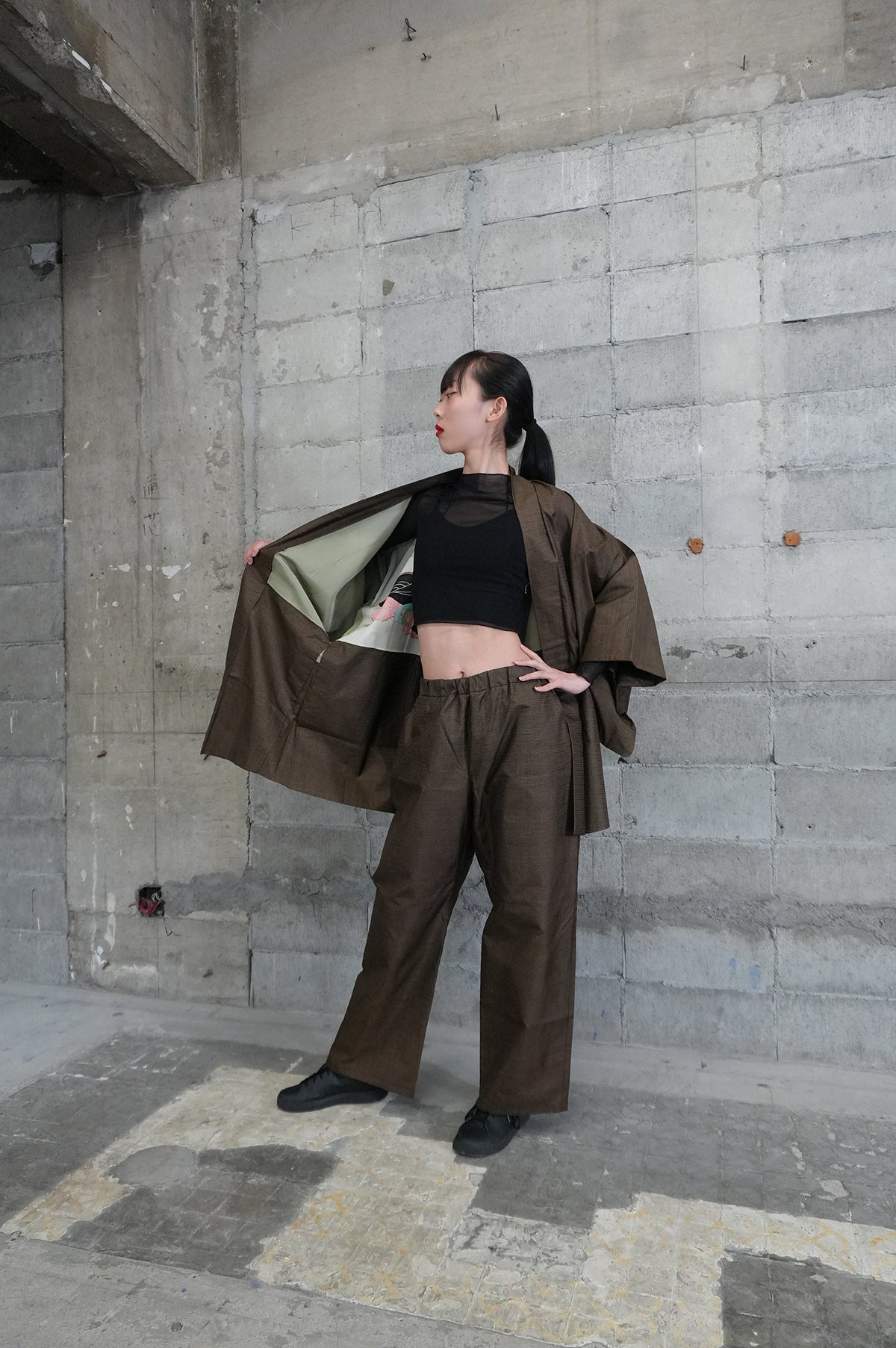 Oshima Tsumugi HAORI  and KIMONO elastic waist pants upcycled from Japanese kimono" ASB006"