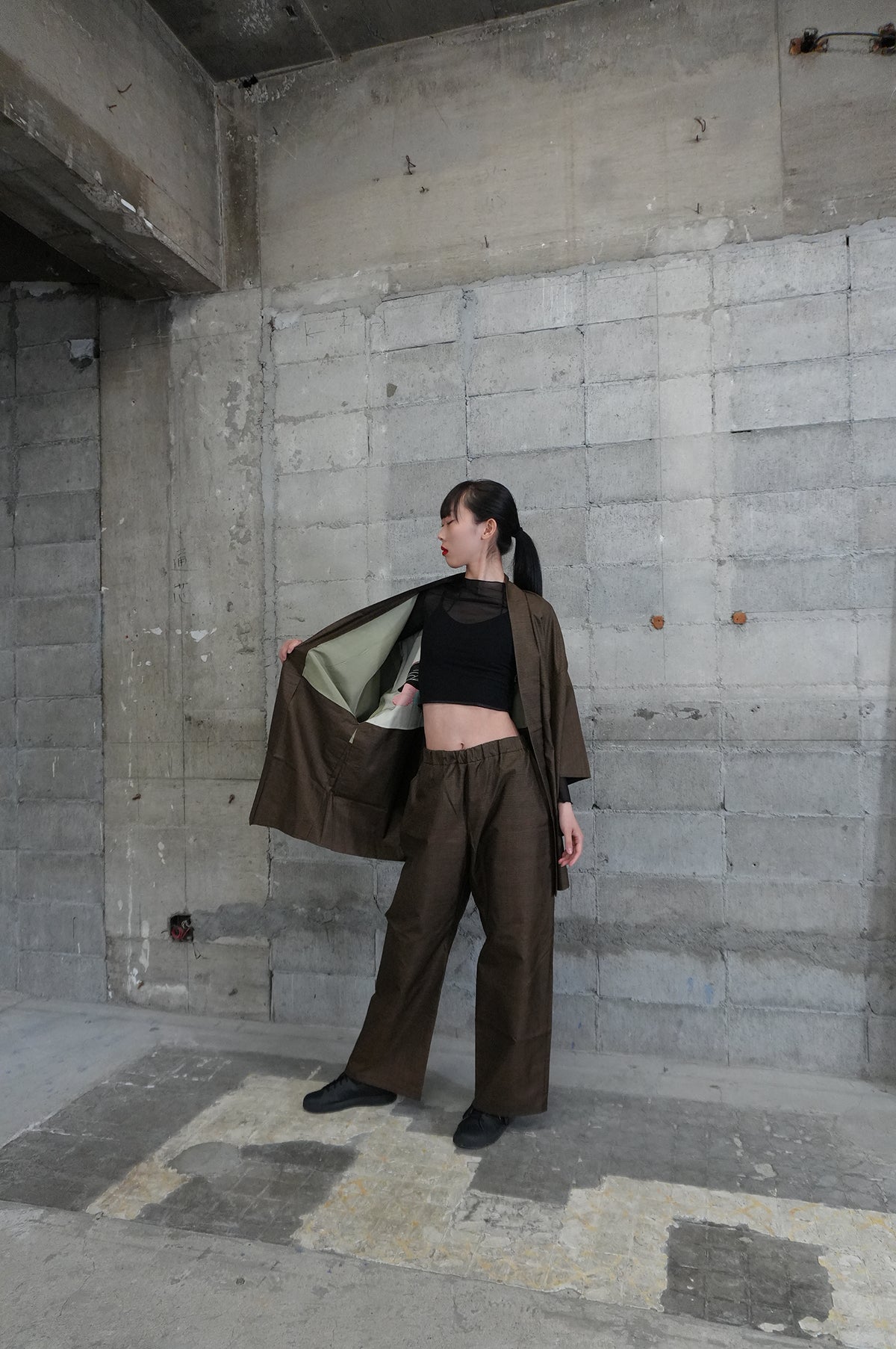 Oshima Tsumugi HAORI  and KIMONO elastic waist pants upcycled from Japanese kimono" ASB006"