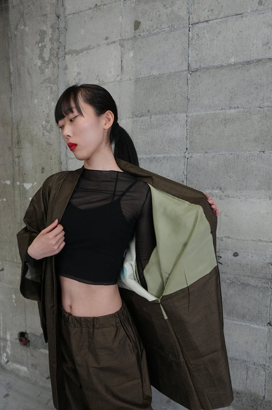 Oshima Tsumugi HAORI  and KIMONO elastic waist pants upcycled from Japanese kimono" ASB006"