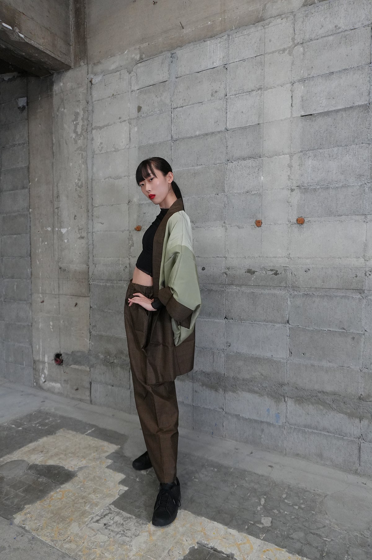 Oshima Tsumugi HAORI  and KIMONO elastic waist pants upcycled from Japanese kimono" ASB006"