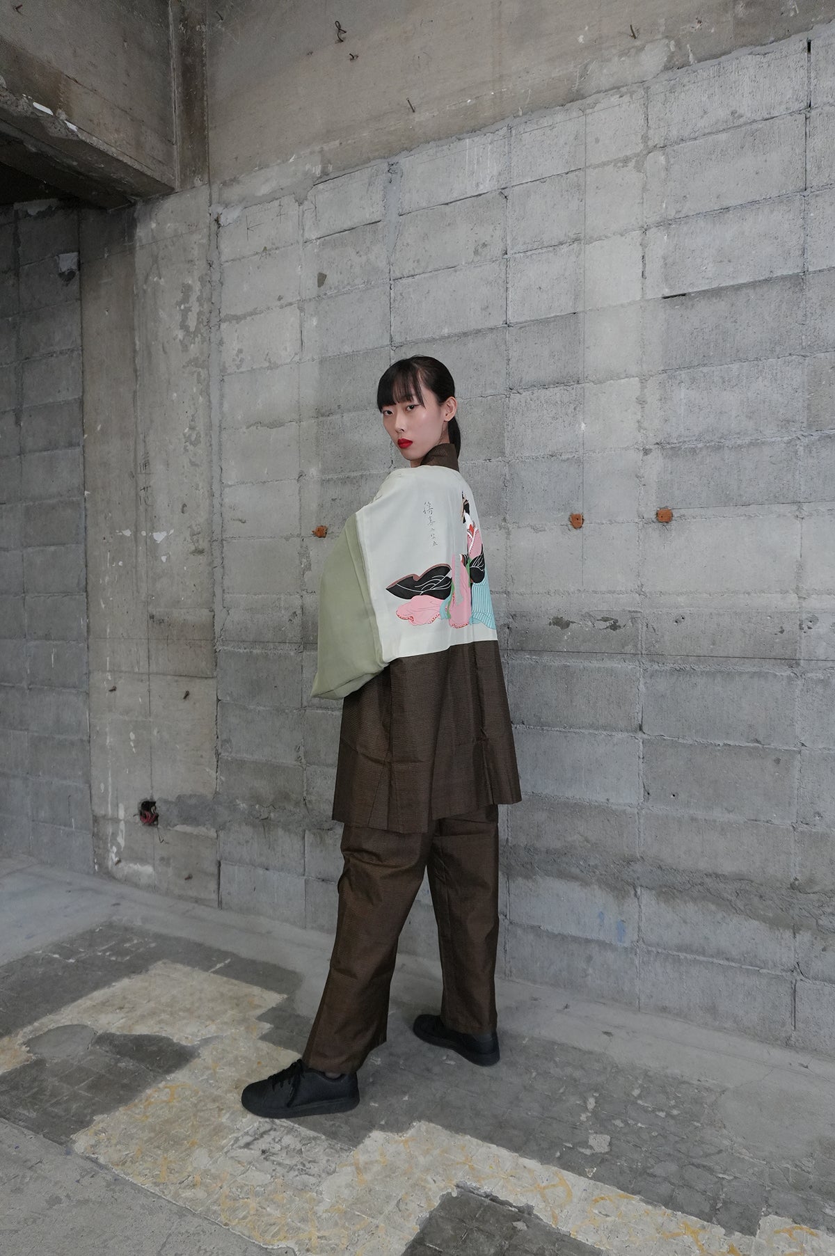 Oshima Tsumugi HAORI  and KIMONO elastic waist pants upcycled from Japanese kimono" ASB006"
