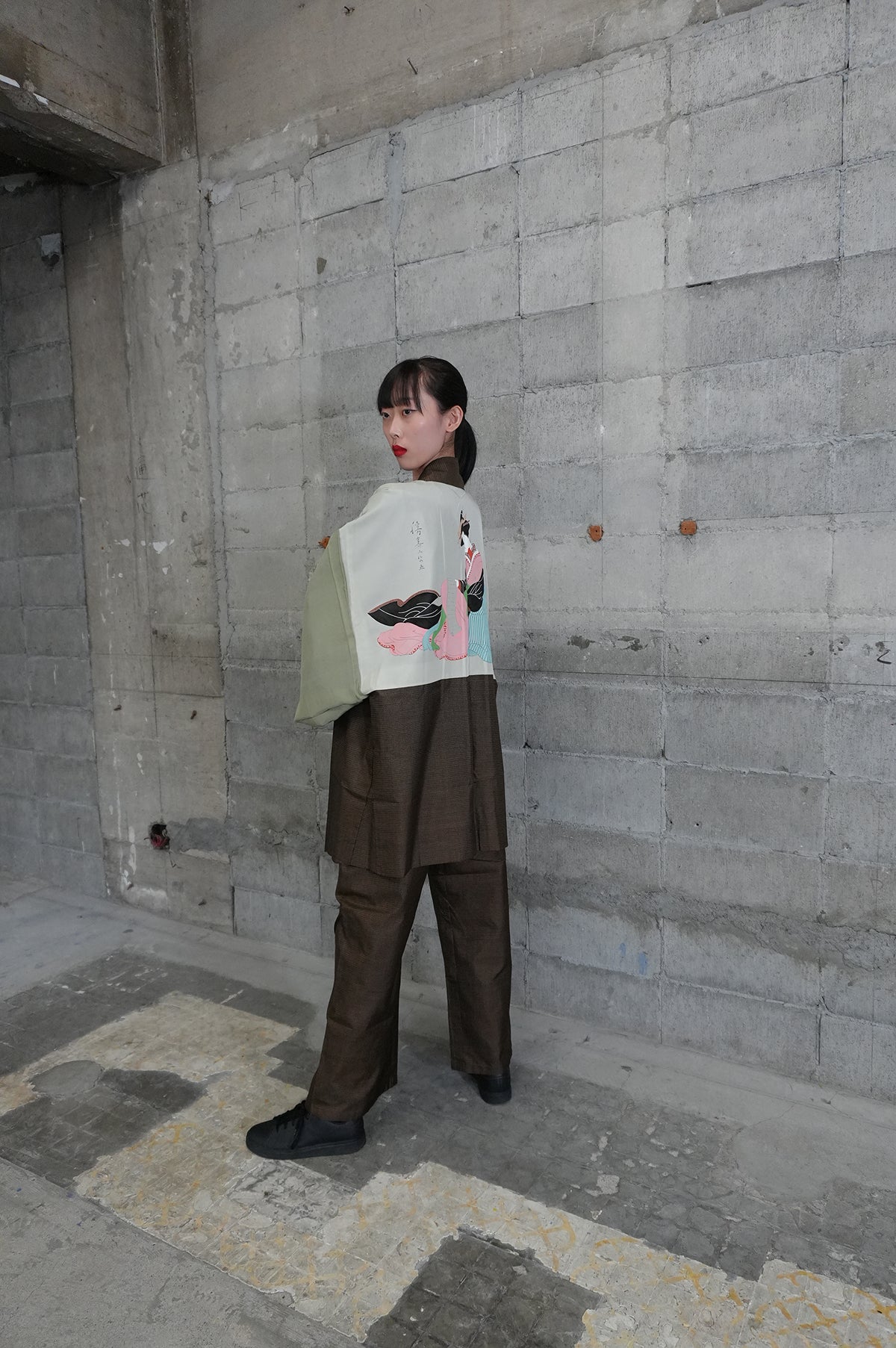 Oshima Tsumugi HAORI  and KIMONO elastic waist pants upcycled from Japanese kimono" ASB006"