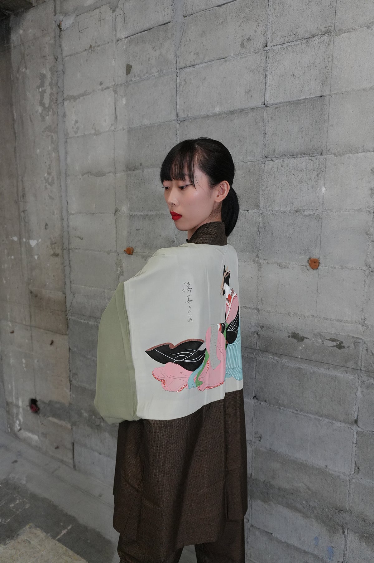 Oshima Tsumugi HAORI  and KIMONO elastic waist pants upcycled from Japanese kimono" ASB006"