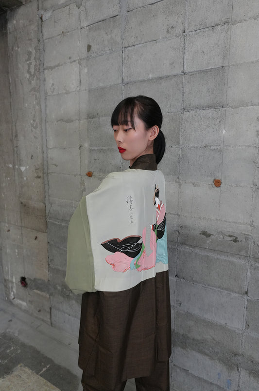 Oshima Tsumugi HAORI  and KIMONO elastic waist pants upcycled from Japanese kimono" ASB006"