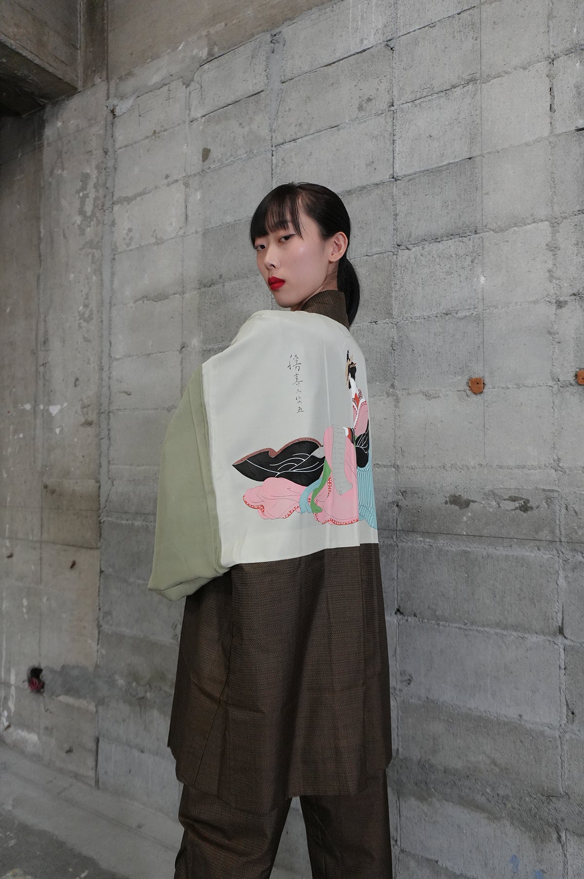 Oshima Tsumugi HAORI  and KIMONO elastic waist pants upcycled from Japanese kimono" ASB006"