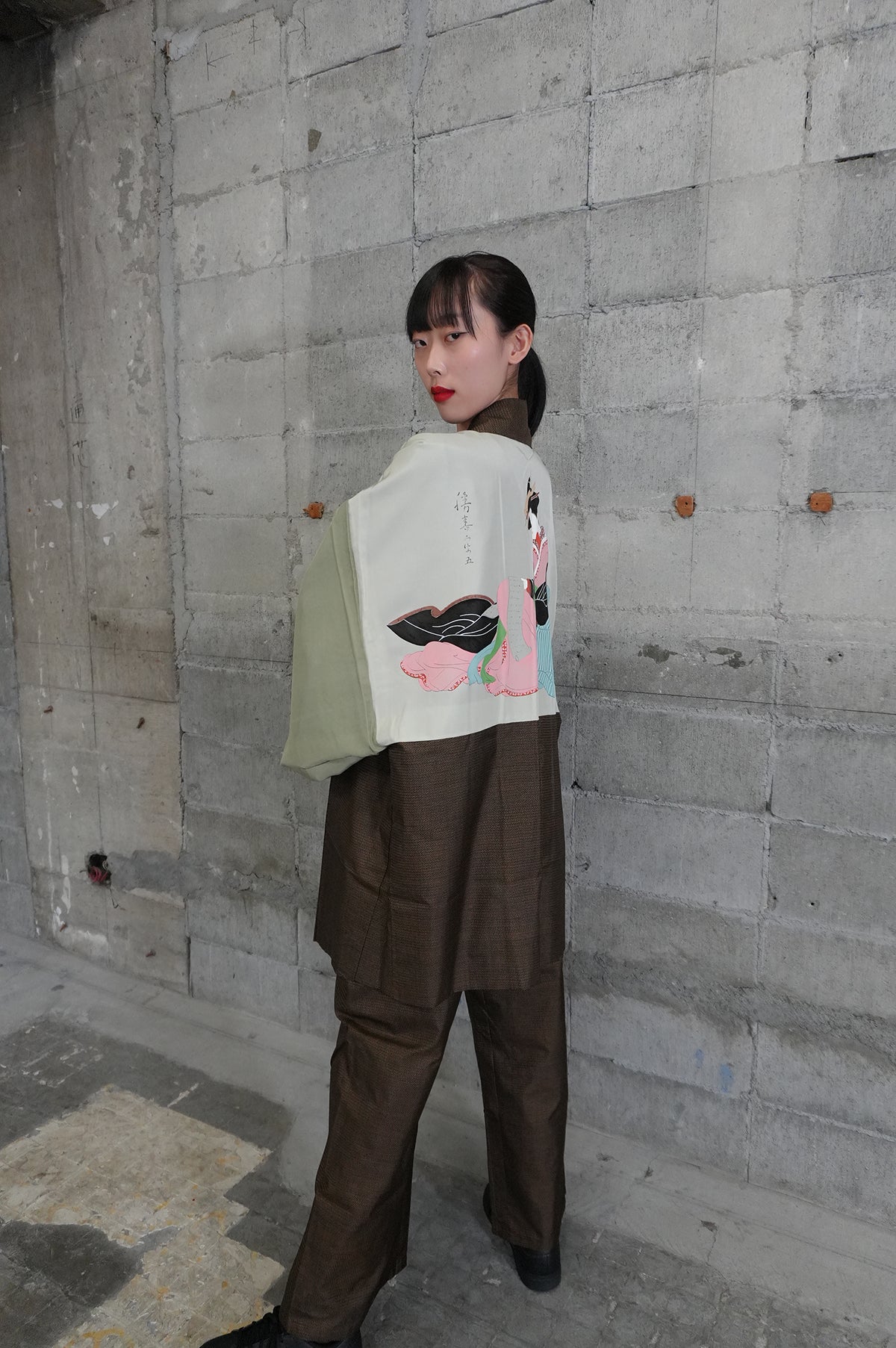 Oshima Tsumugi HAORI  and KIMONO elastic waist pants upcycled from Japanese kimono" ASB006"