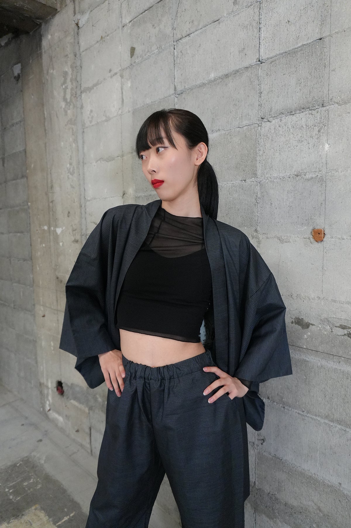 Oshima Tsumugi HAORI  and KIMONO elastic waist pants upcycled from Japanese kimono"taka, ASB002"version 2