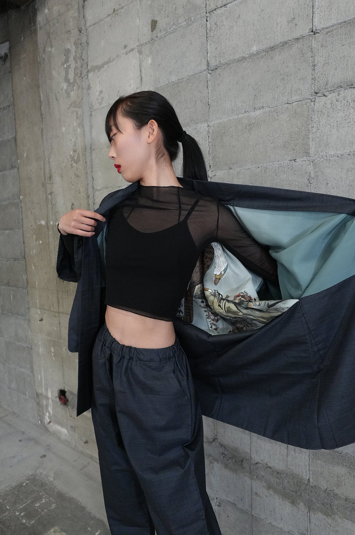 Oshima Tsumugi HAORI  and KIMONO elastic waist pants upcycled from Japanese kimono"taka, ASB002"version 2