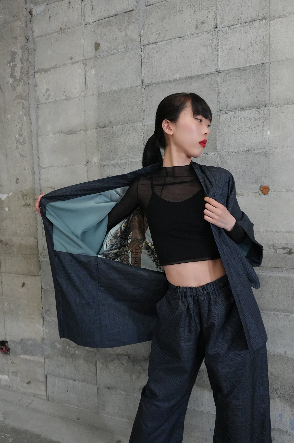 Oshima Tsumugi HAORI  and KIMONO elastic waist pants upcycled from Japanese kimono"taka, ASB002"version 2