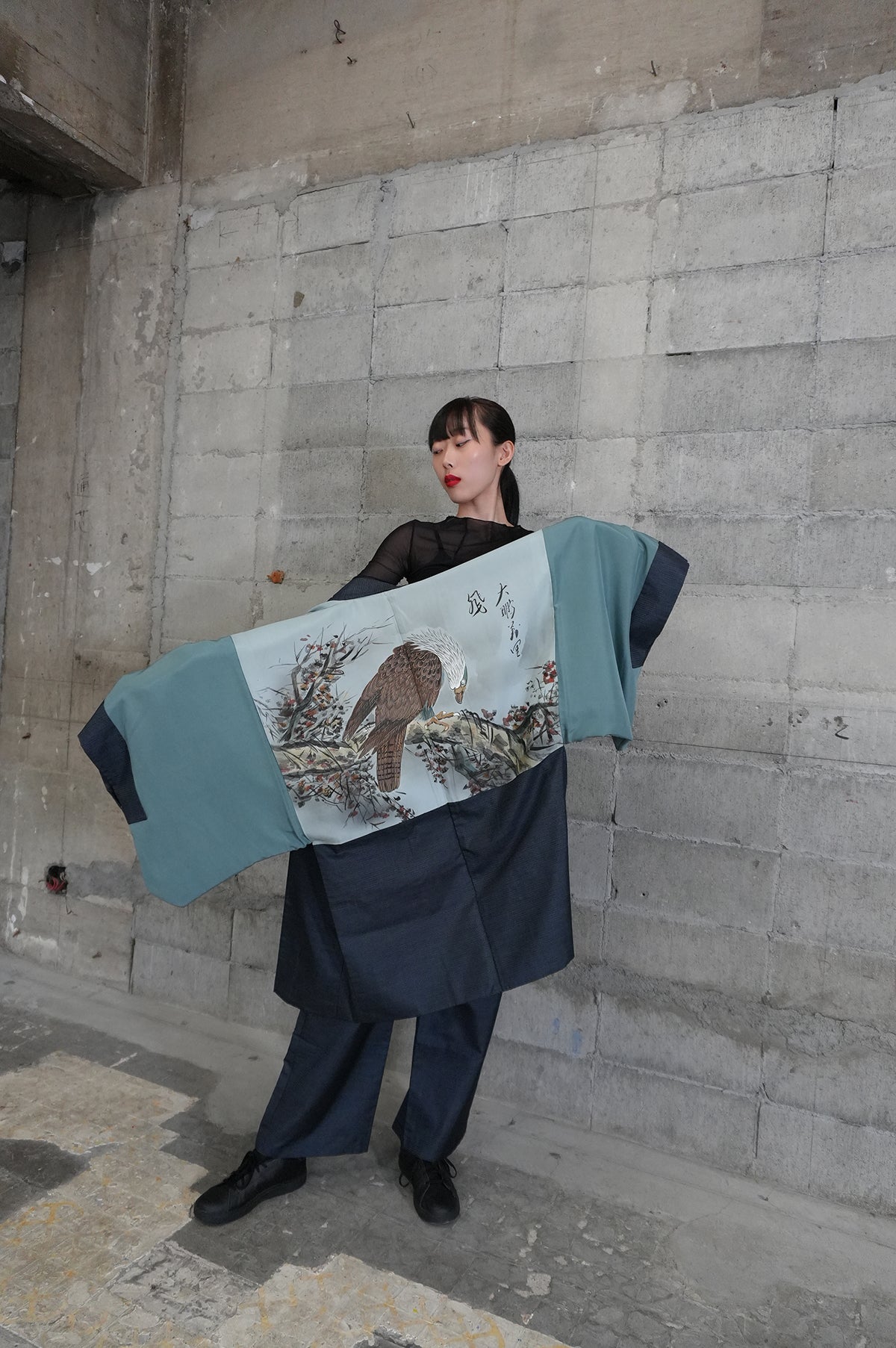 Oshima Tsumugi HAORI  and KIMONO elastic waist pants upcycled from Japanese kimono"taka, ASB002"version 2