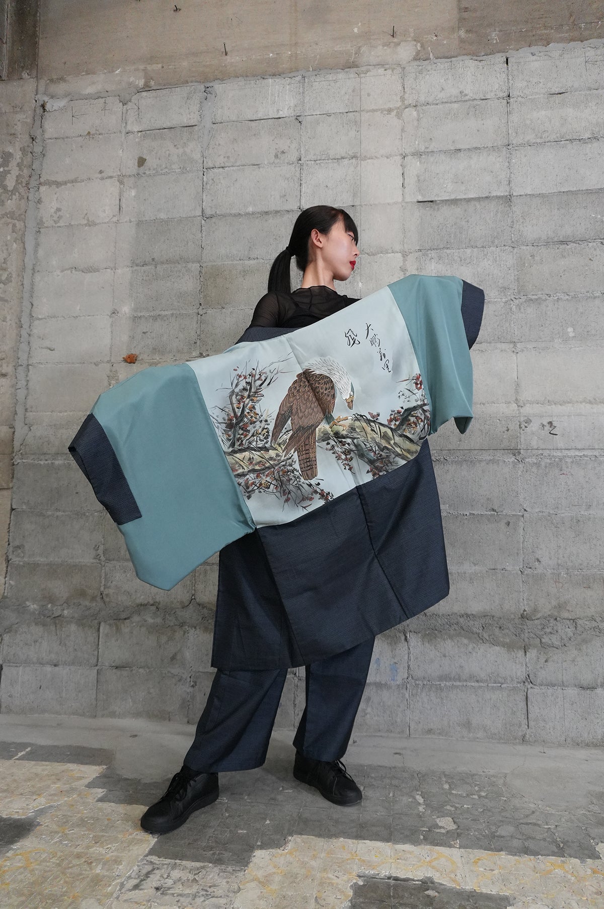 Oshima Tsumugi HAORI  and KIMONO elastic waist pants upcycled from Japanese kimono"taka, ASB002"version 2