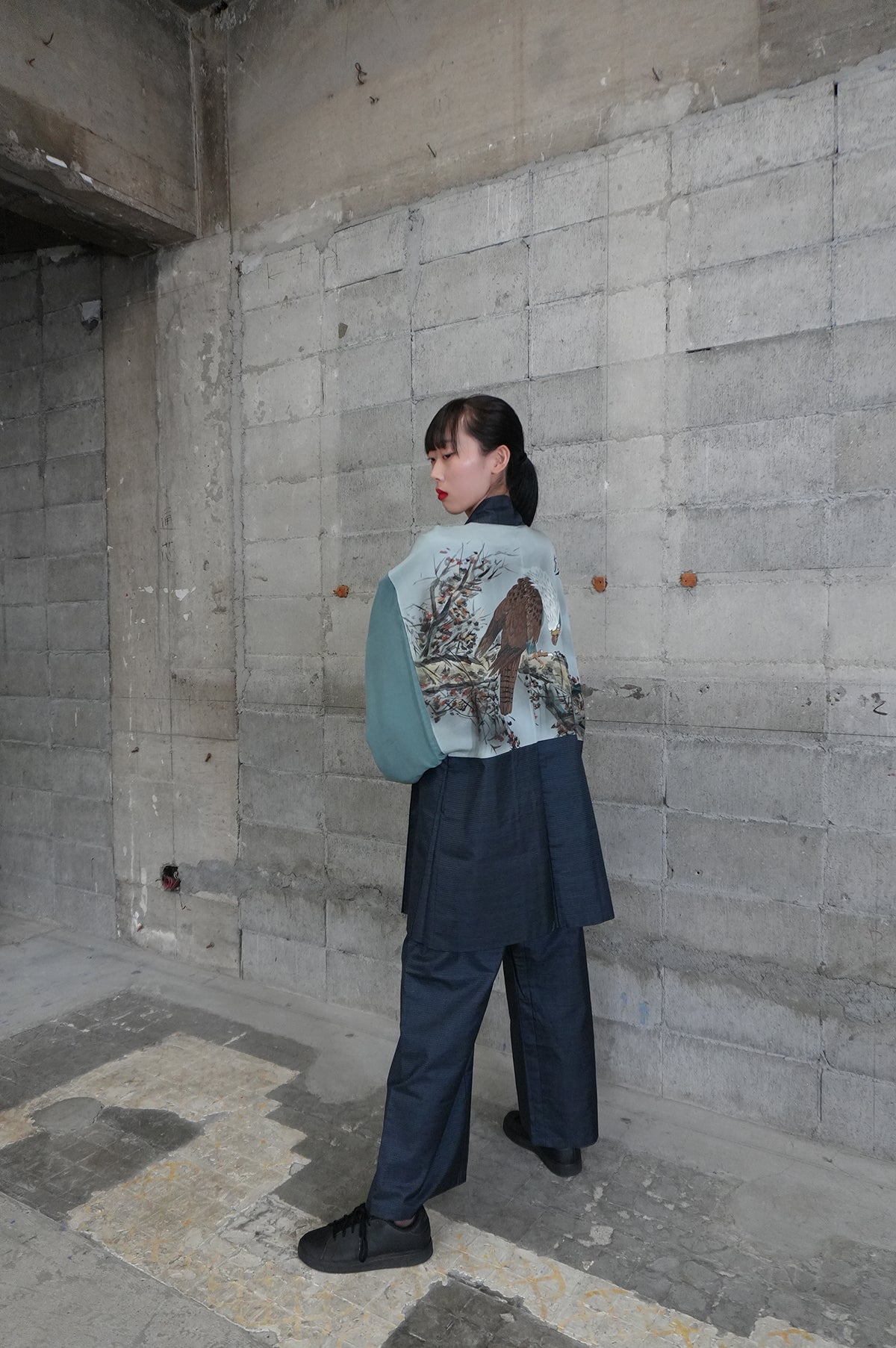 Oshima Tsumugi HAORI  and KIMONO elastic waist pants upcycled from Japanese kimono"taka, ASB002"version 2
