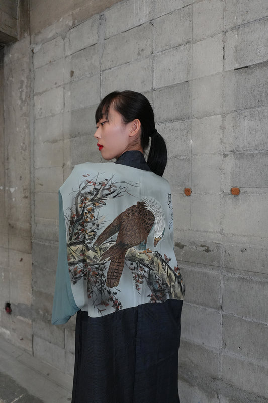 Oshima Tsumugi HAORI  and KIMONO elastic waist pants upcycled from Japanese kimono"taka, ASB002"version 2
