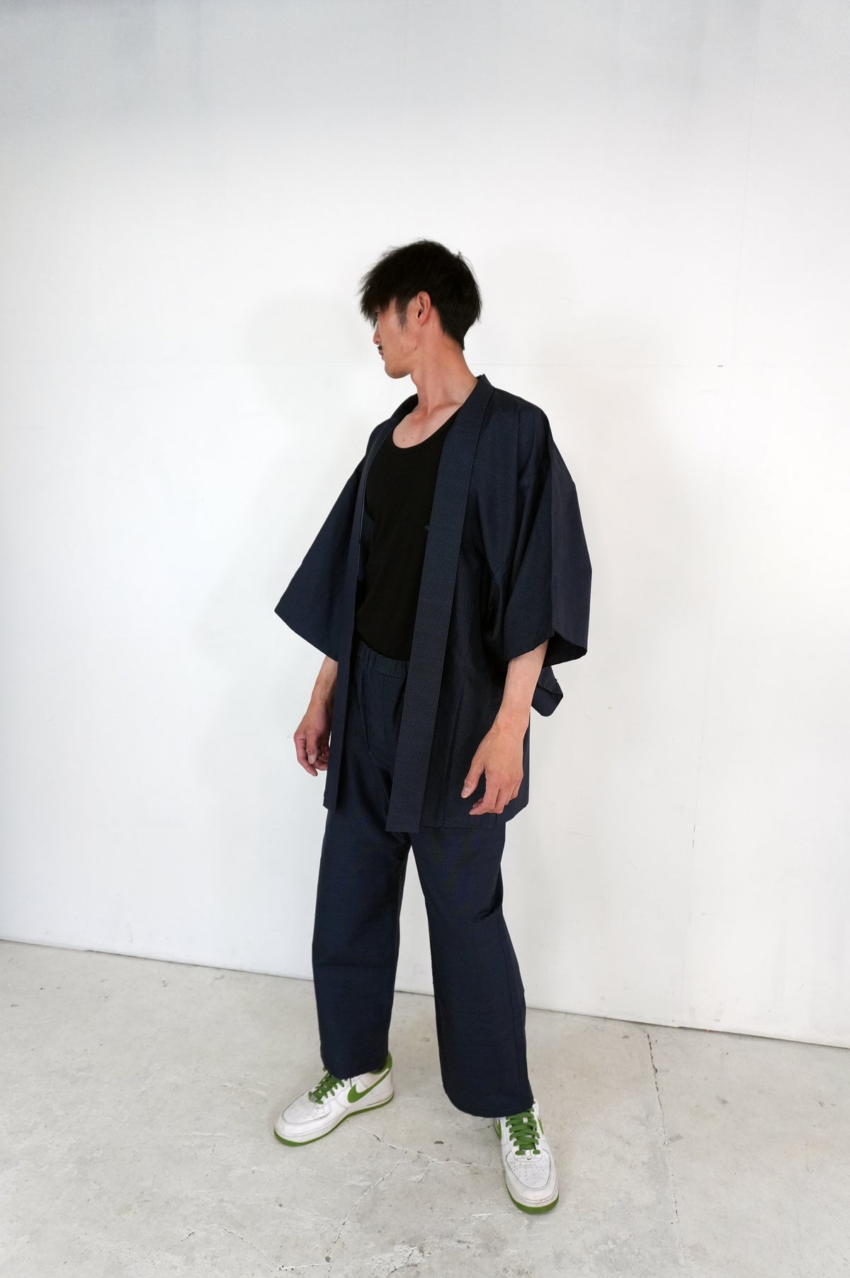 Oshima Tsumugi HAORI  and KIMONO elastic waist pants upcycled from Japanese kimono" ASB008"