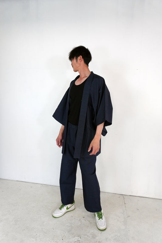 Oshima Tsumugi HAORI  and KIMONO elastic waist pants upcycled from Japanese kimono" ASB008"