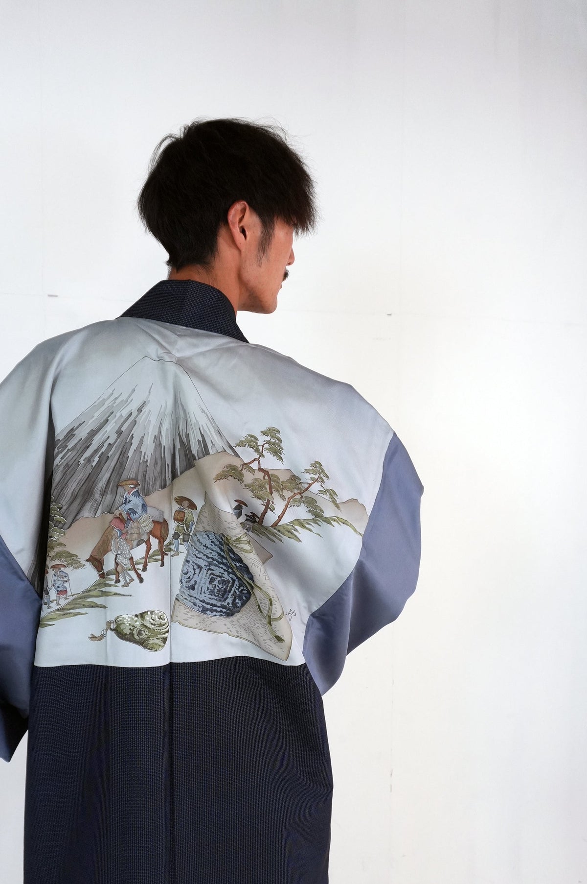 Oshima Tsumugi HAORI  and KIMONO elastic waist pants upcycled from Japanese kimono" ASB008"