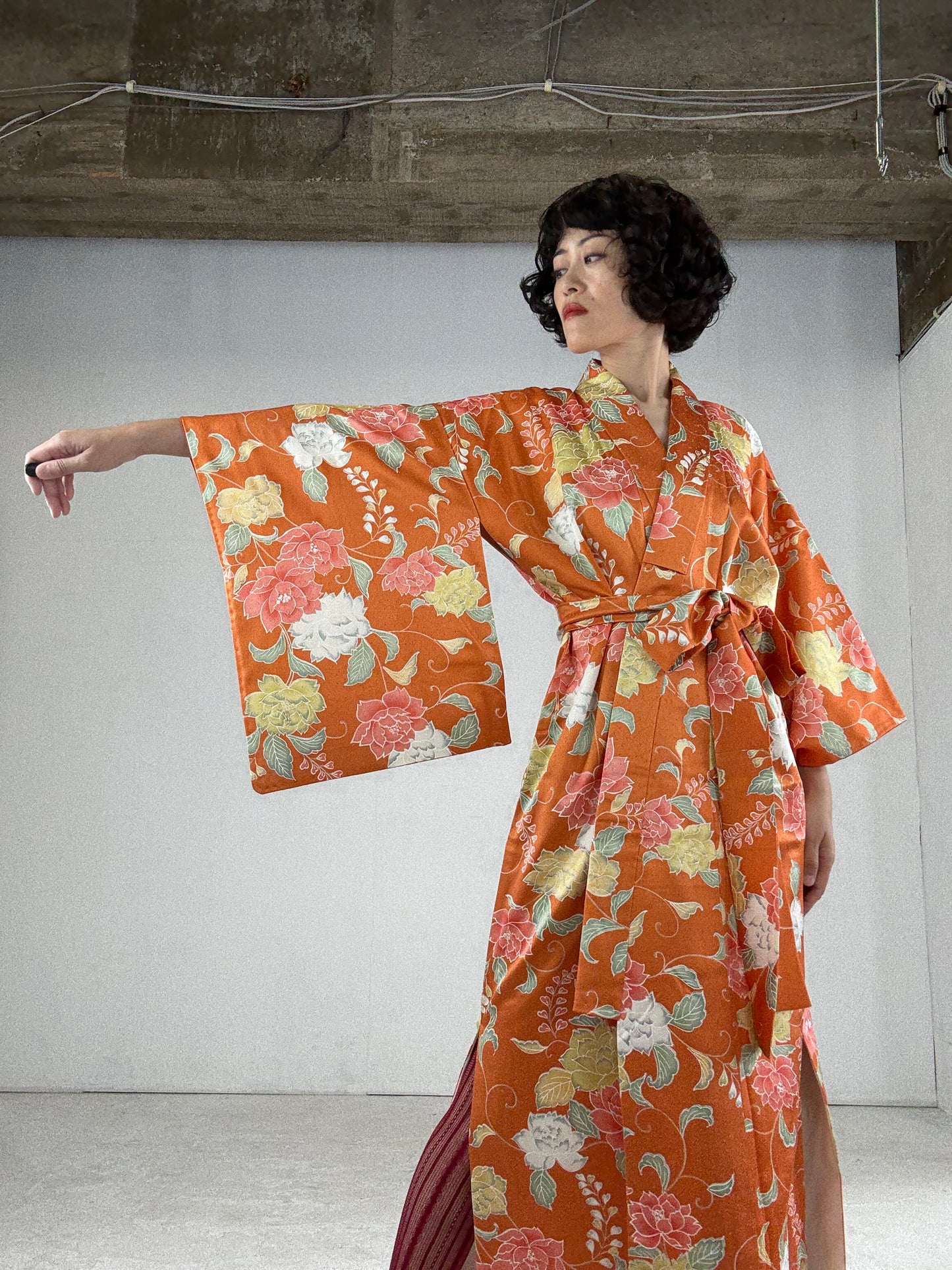 Kimono dress gown and string belt upcycled from Japanese kimono "komon youbana" *damage
