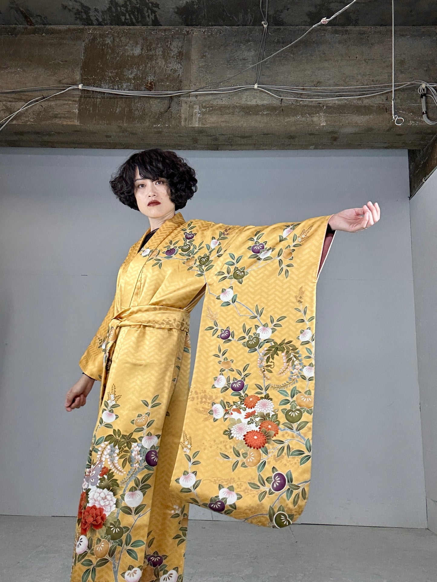 Furisode Kimono dress gown and string belt upcycled from Japanese kimono "yellow"