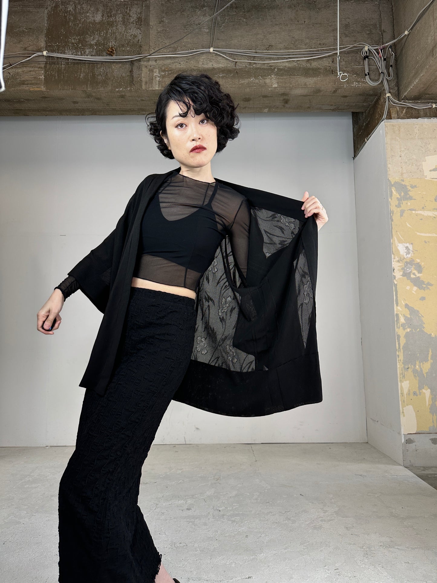 VINTAGE BLACK HAORI SHEER “youbana”