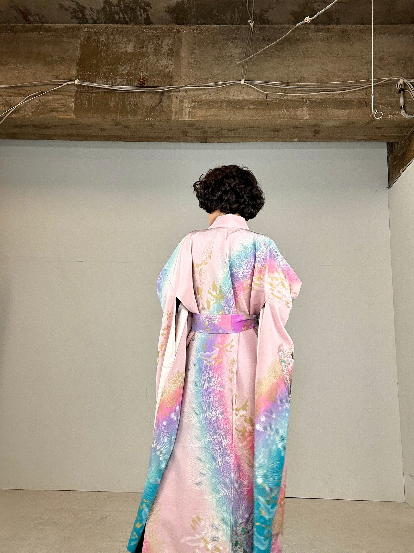 Furisode Kimono dress gown and string belt upcycled from Japanese kimono "sky gradient bird"