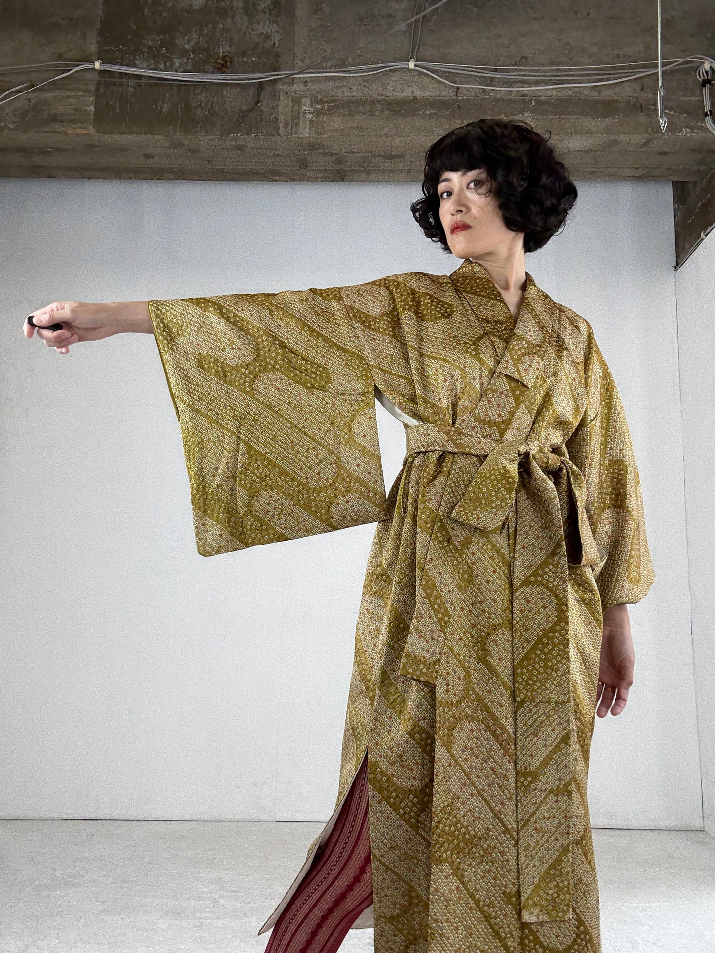 Kimono dress gown and string belt upcycled from Japanese kimono "shibori, yellow" Big Ribbon