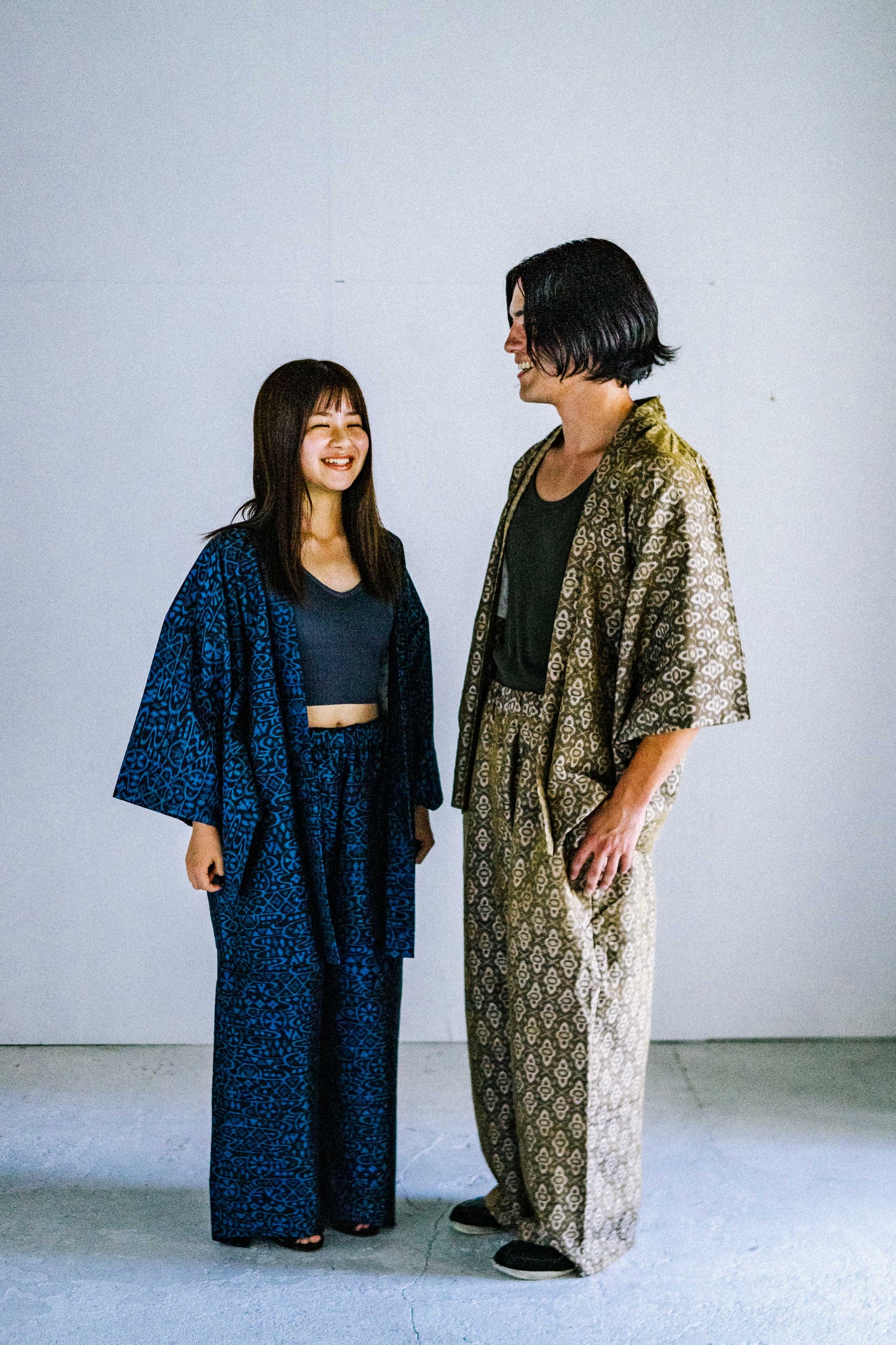 06blue Tsumugi HAORI and KIMONO elastic waist pants upcycled from Japanese kimono(Unisex)