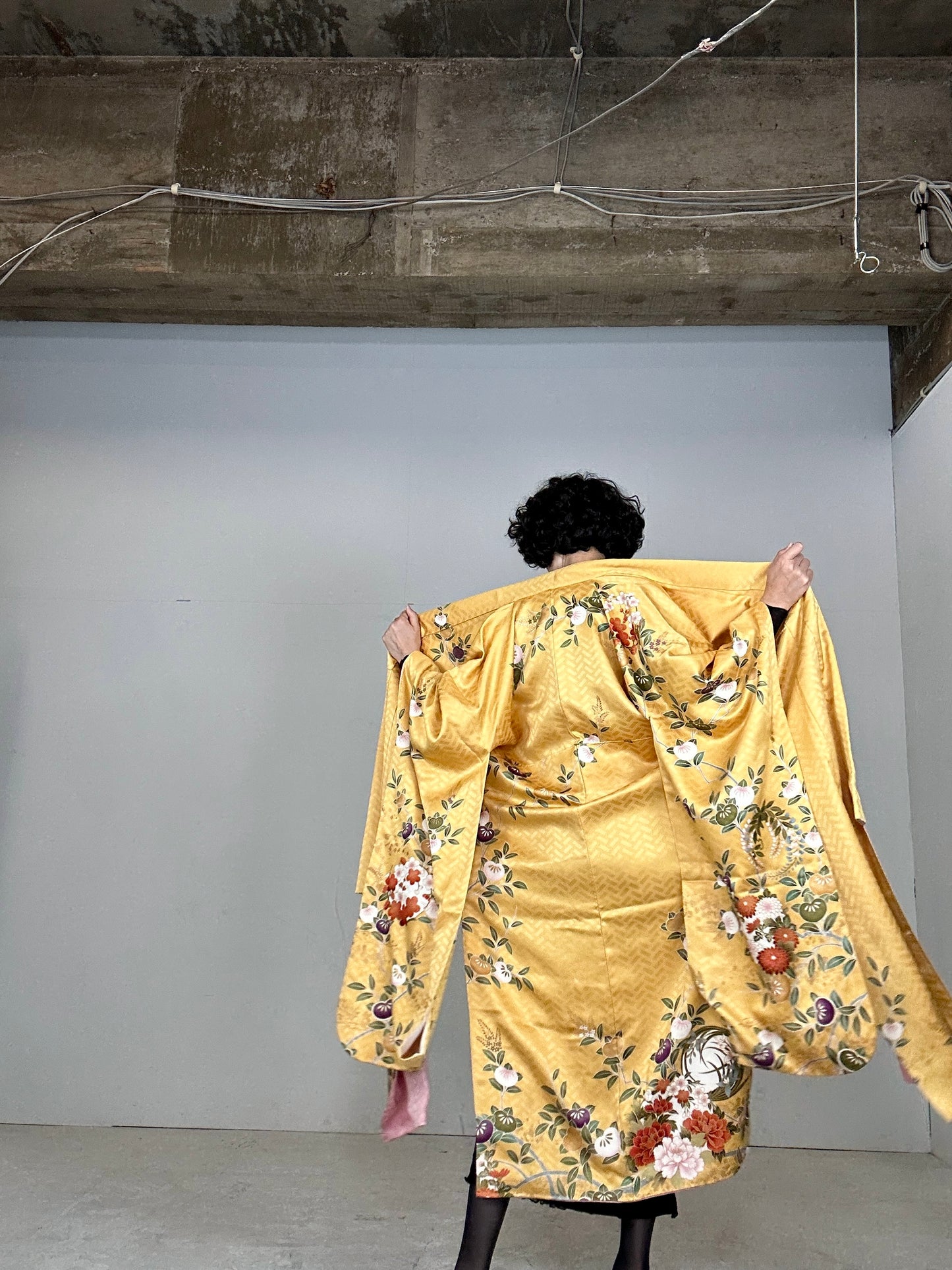 Furisode Kimono dress gown and string belt upcycled from Japanese kimono "yellow"