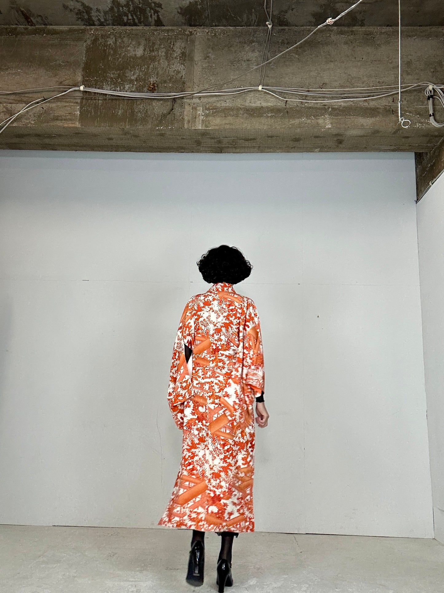 Kimono dress gown and string belt upcycled from Japanese kimono "komon orange shikikusabana"